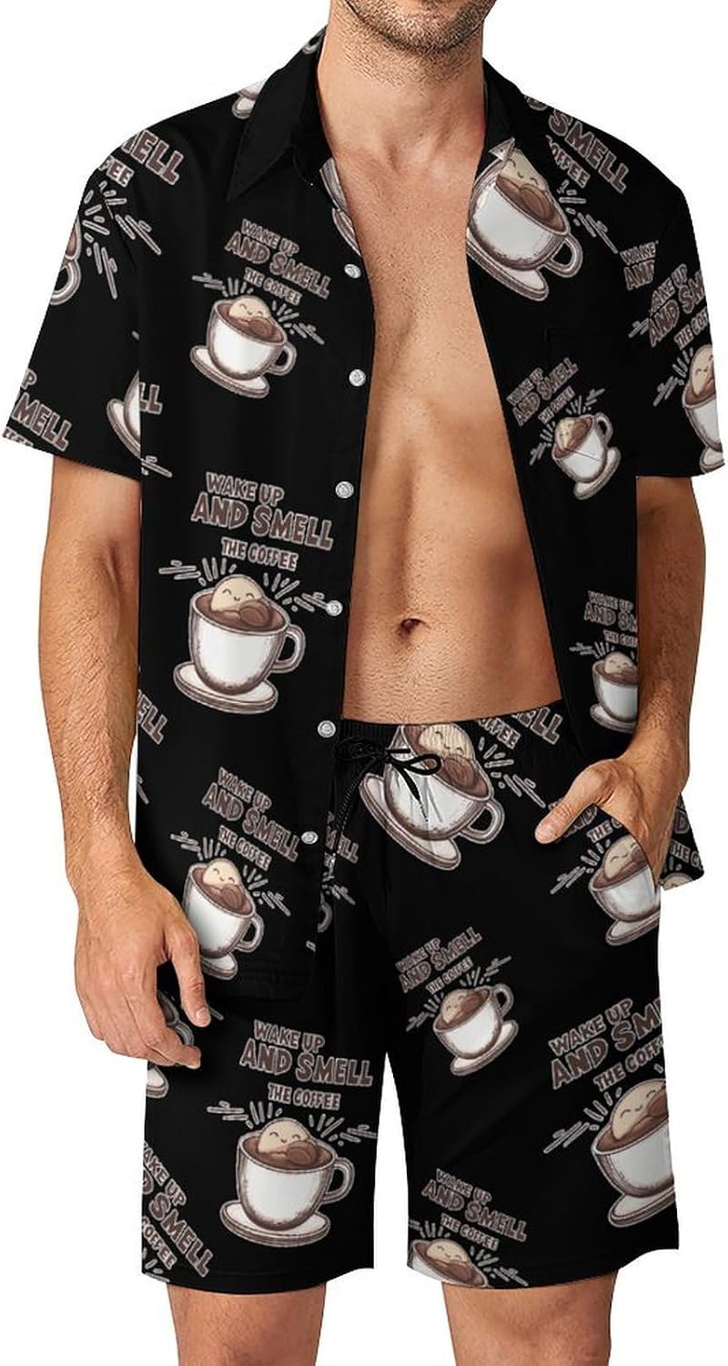 Wake Up And Smell The Coffee Summer Mens Vacation Outfits Beach Shirts Shorts Matching Set