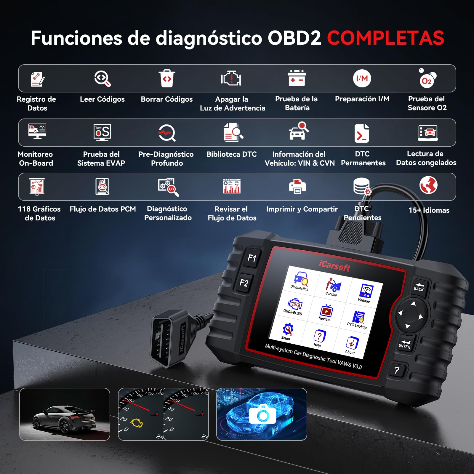 iCarsoft VAWS V3.0 OBD2 Máquina Diagnosis Coche para V.W/AU.DI/Skoda/Seat, Bidireccional Escáner de Todo el Sistema, 42 Funciones Reinicio, Prueba de Batería, Auto Vin, Actualizaciones de por Vida