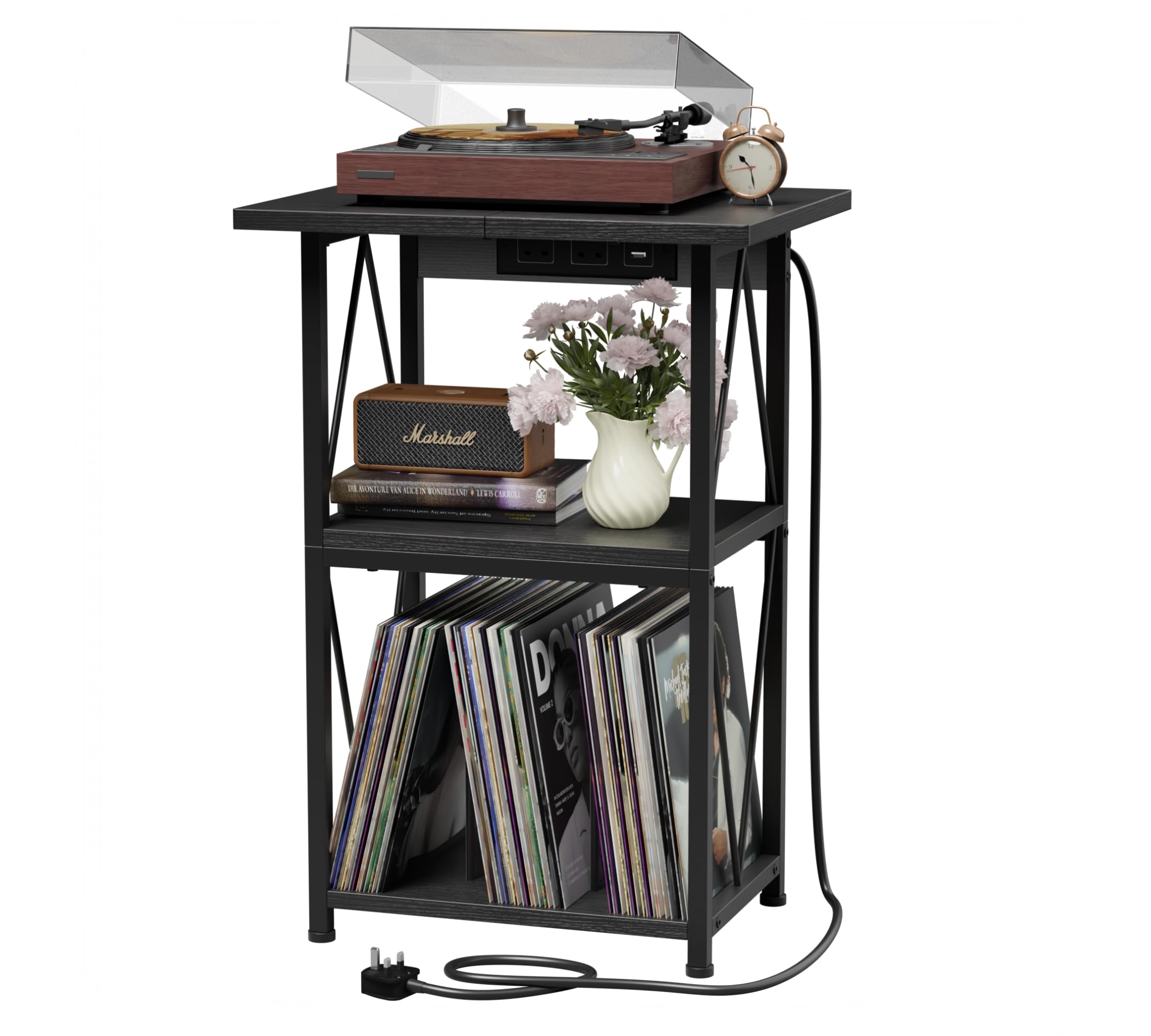2026 Upgraded Extended Tabletop Record Player Stand with Charging Station, 3 Tier 50x40cm End Table with Vinyl Record Storage, Wood Grain Turntable Stand for Vinyl Player in Living Room Bedroom