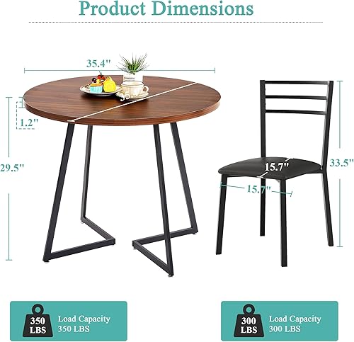 Miniatura 5 de VECELO Round Dining Table Set for 4, Wood Tabletop & Heavy-Duty Steel Frame, 5-Piece Dinette with Chairs for Kitchen, Breakfast Nook, Walnut & Black