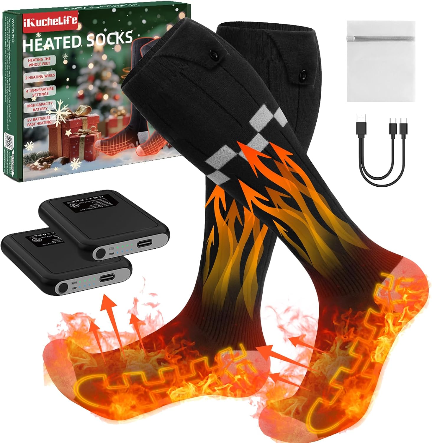 Heated Socks 7500mAh*2 Battery, Rechargeable Electric Heated Socks with 4 Adjustable Heating Levels