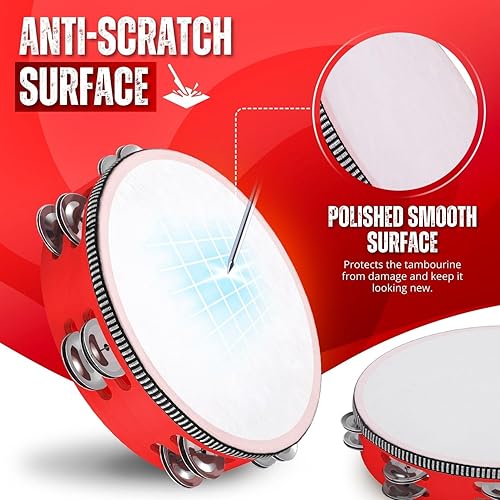 Miniatura 2 de Flexzion Pandereta de mano de madera para niños, juego de 2 unidades de 8 y 6 pulgadas, doble fila, 12 pares de jingles de metal, tambor de