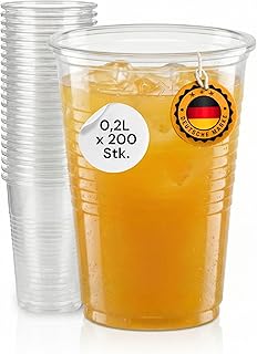 200 Stück Trinkbecher | Eichstrich 0,2l | Bierbecher Plastikbecher Einwegbecher aus Kunststoff PP (Polypropylen), Transparent klar | Ausschankbecher
