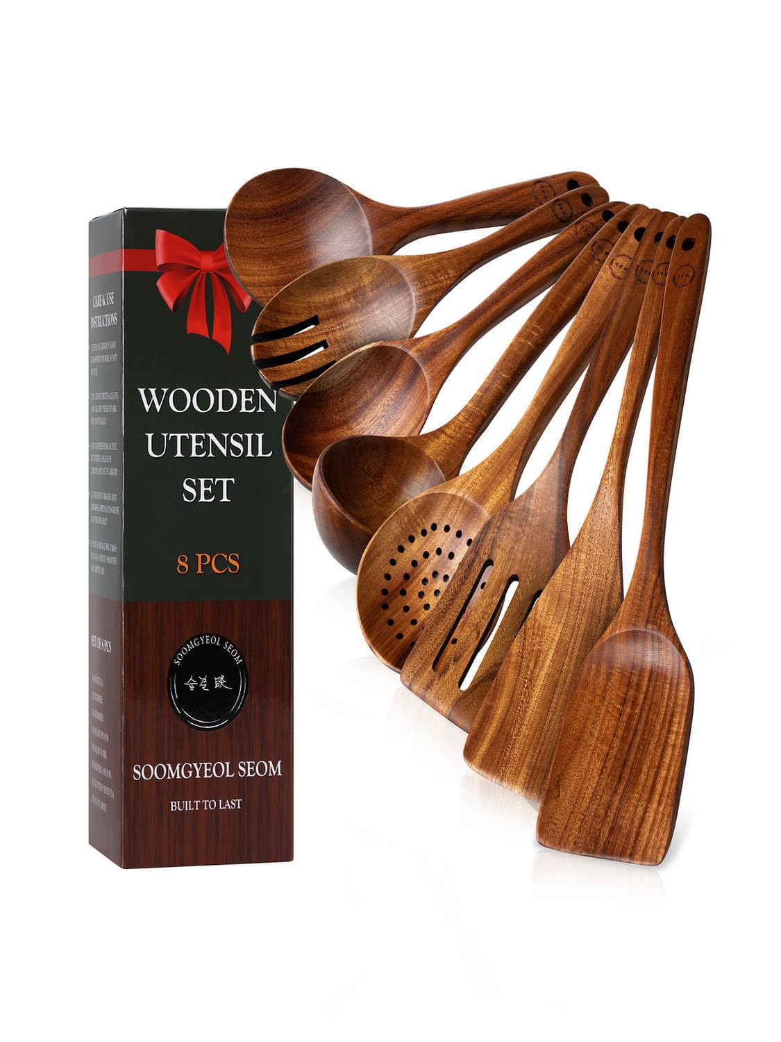 100% Natural Teak Wood Wooden Utensil Set – 8 Pcs Durable Kitchen Spoons for Cooking – Non-Stick & Heat Resistant, Eco-Friendly & Comfortable Grip