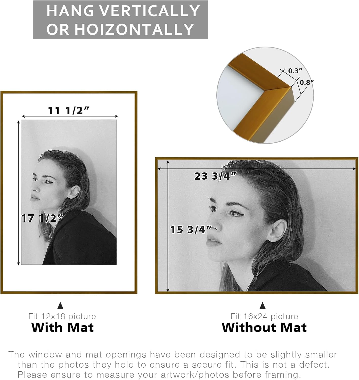 Golden State Art - 16x24 Aluminum Picture Frame - with Mat for 12x18 Photo or Without Mat for 16 x 24 Poster - Real Glass Cover - Simple and Elegant Decor for Wall Mounting - 1 Pack - Bronze