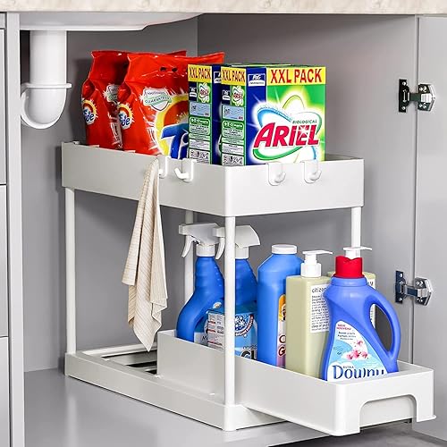 Under Sink Organizers and Storage Pull Out Sliding Drawers,2 Tier Under-Sink Organizers with Sliding Drawer 4 Hook, Black Under Sliding Cabinet Basket Organizer for Bathroom/Kitchen（White）…
