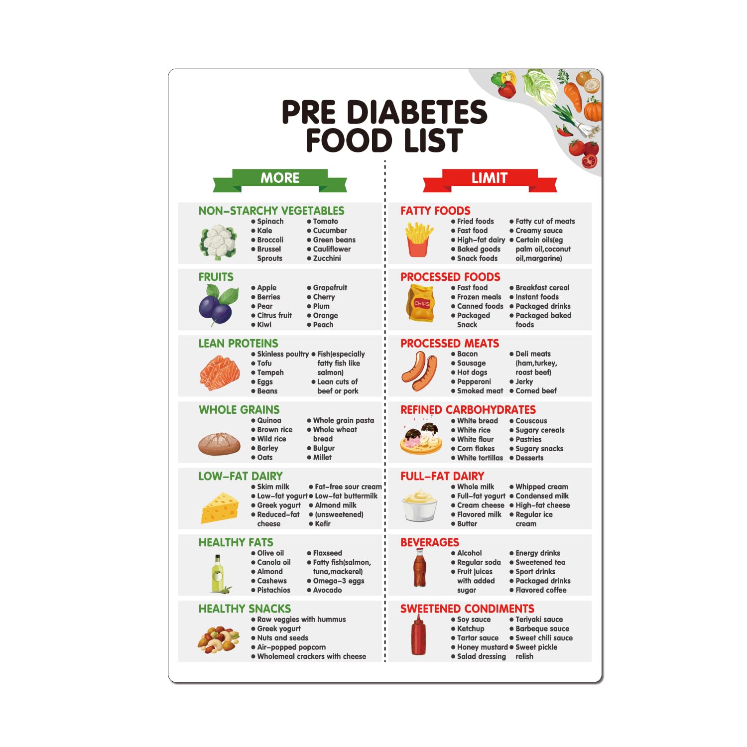 chart Healthy Food List, Quick Reference Sheet for Prediabetes and Pre Diabetes, Magnetic