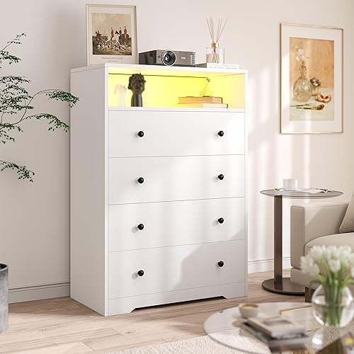 4 Drawer Dresser with LED Light, Tall White Chest of Drawers for Bedroom, Hallway, Entryway, Modern