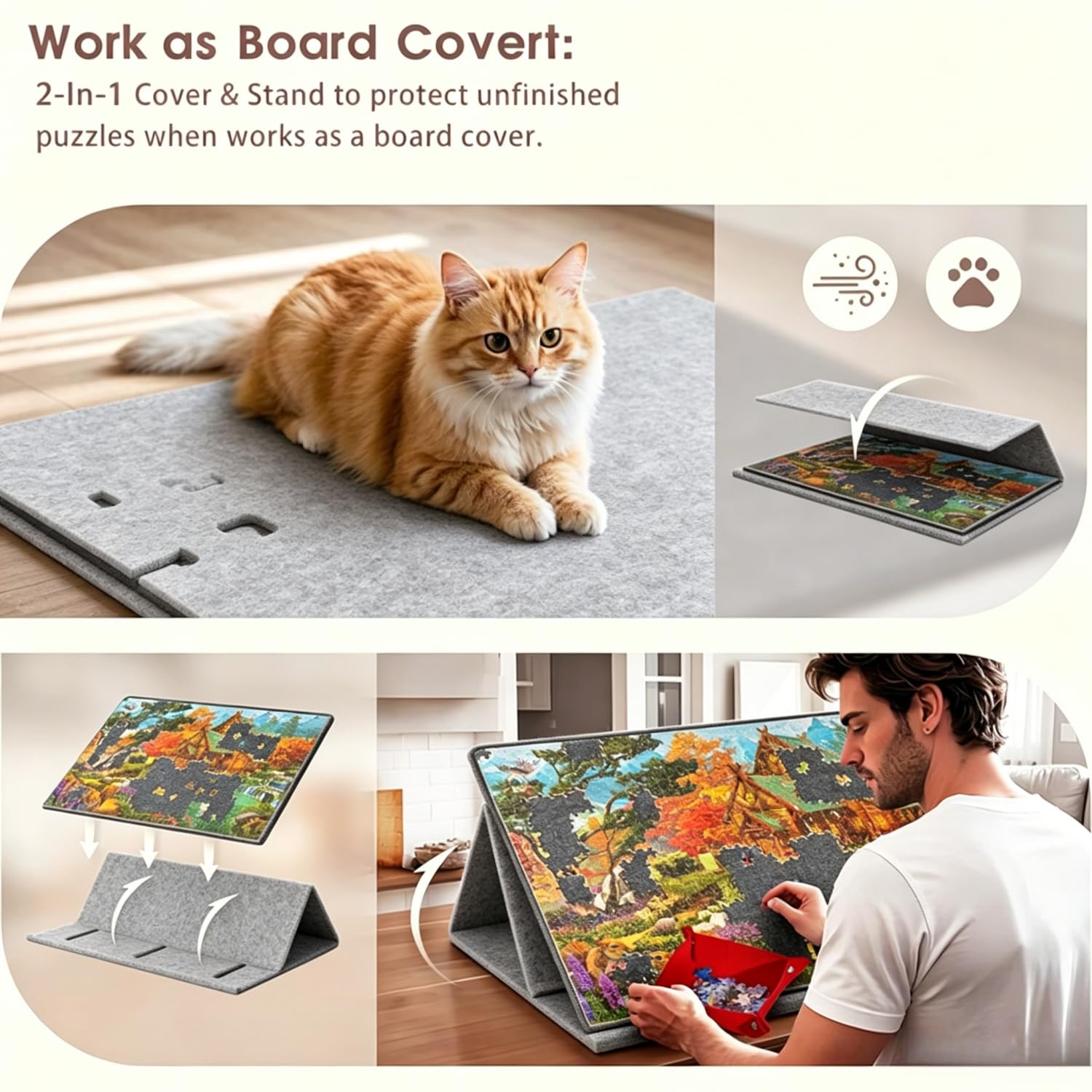 Tavola per puzzle inclinabile con supporto 2 in 1 e coperchio, 1000 pezzi, tavolo portaoggetti in feltro, regolabile in 3 angolazioni, 6 vassoi di ordinamento, tavola puzzle leggera e portatile per