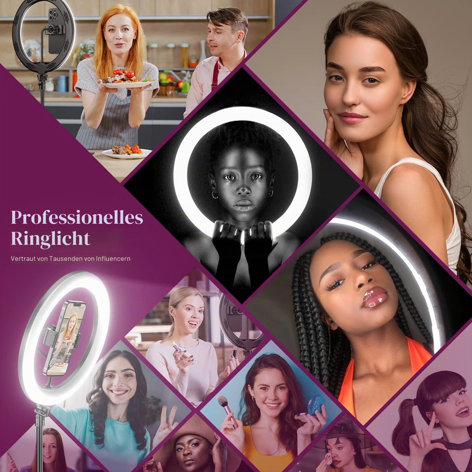 UPhitnis 12 Zoll Ringlicht mit Stativ Handy, Ringlicht mit 63 Zoll Stativ Selfie Ringleuchte mit 3 Farbe und 10 Helligkeitsstufen für Make-up,Live-Streaming,YouTube, Tiktok, Vlog und Fotografie