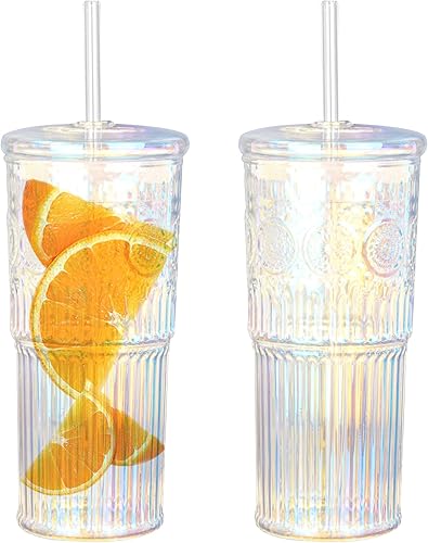 Bandesun Taza de café helado de vidrio con tapas y popotes, vaso de vidrio de borosilicato de 24 onzas arcoíris para bebidas de jugo de batido de