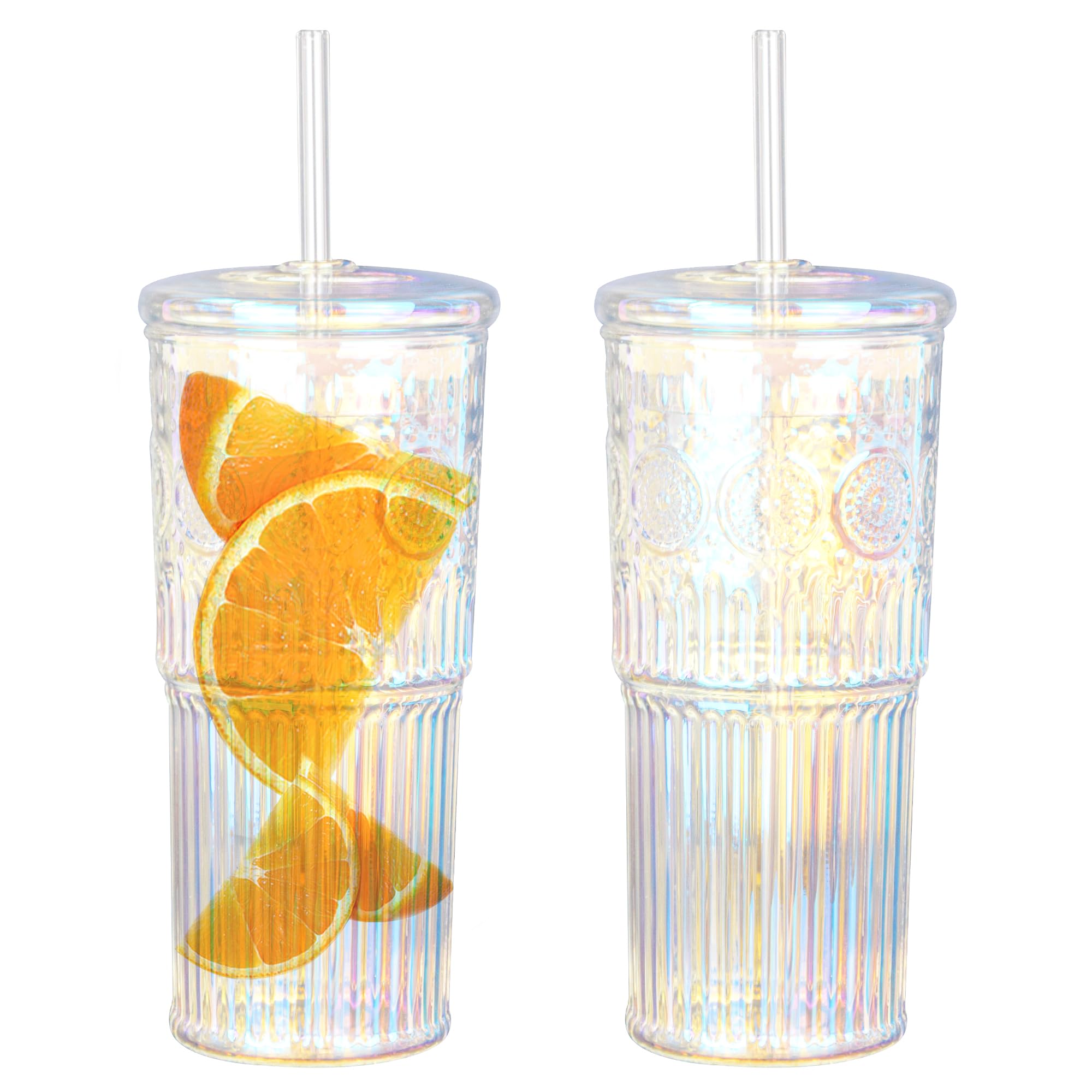 Bandesun All Glass Iced Coffee Cup With Lids and Straws?24 OZ Rainbow High Borosilicate Glass Tumbler for Water Smoothie Juice Drinks