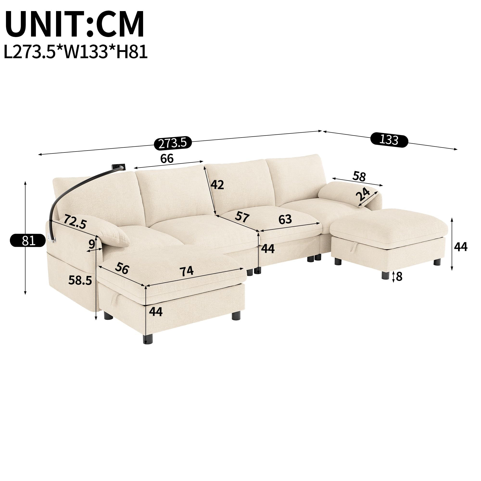 Sofá modular de 6 plazas en U con dos pufs contenedores, sofá de esquina en U con puerto de recarga USB y puerto para celular, sofá modular en L, sofá transformable, sofás modulares de 6 plazas