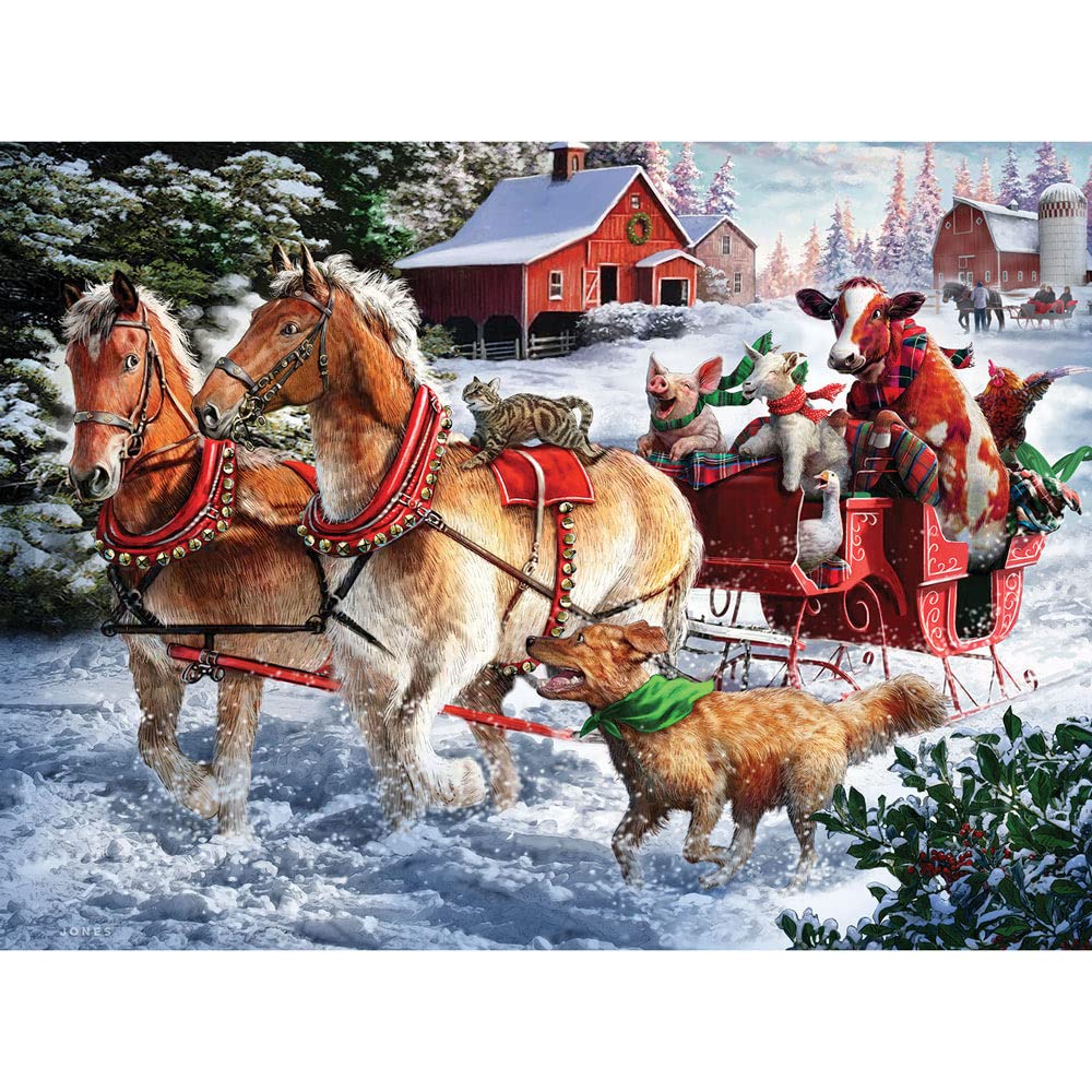 Bits and Pieces - 300 Piece Jigsaw Puzzle for Adults - Taking A Ride - Horse and Buggy, Farm Animal Winter Scene Jigsaw Puzzle by Artist Larry Jones, Completed Puzzle Size: 18" x 24"