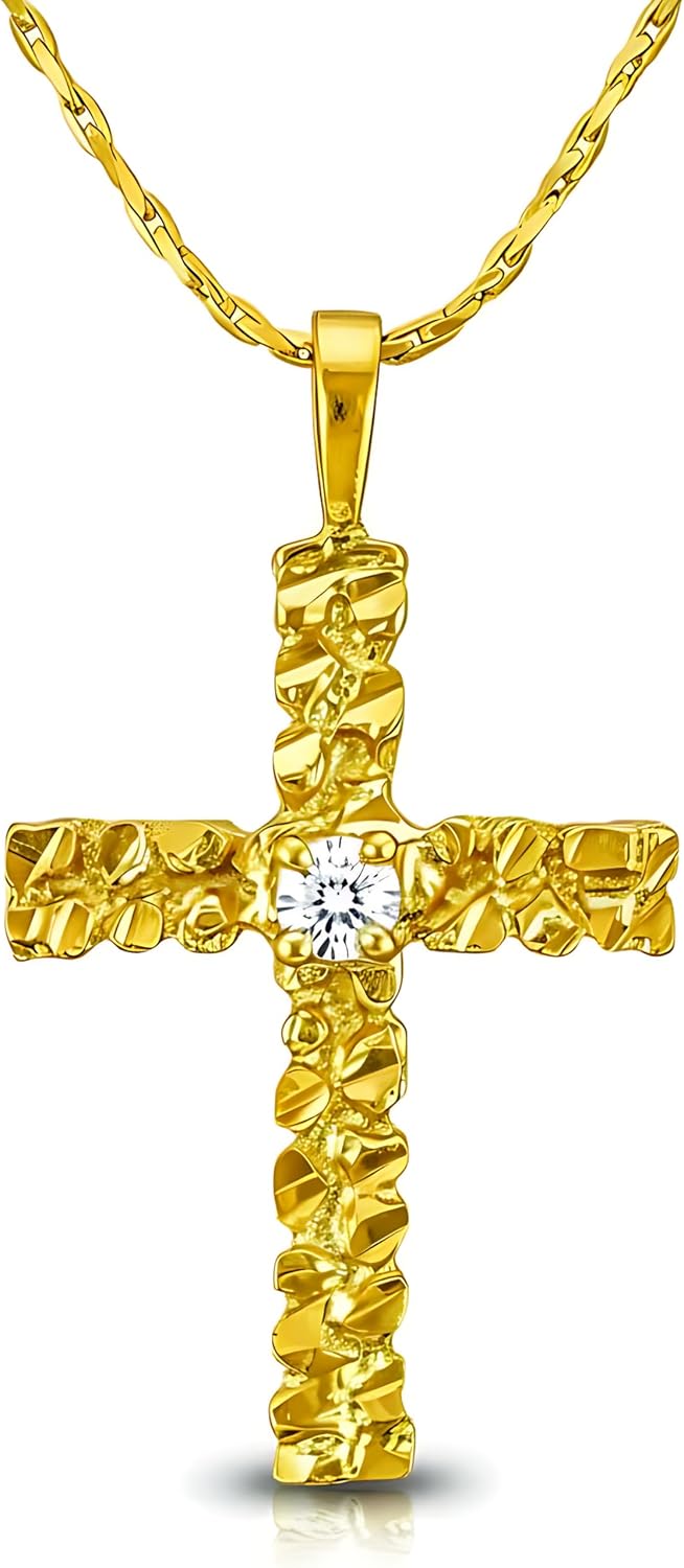 LIFETIME JEWELRY Single CZ Nugget Diamond Cut Cross Necklace for Women 24k Real Gold Plated - Lifetime Replacement - with 20 inch 1.2mm Twisted Cobra Chain