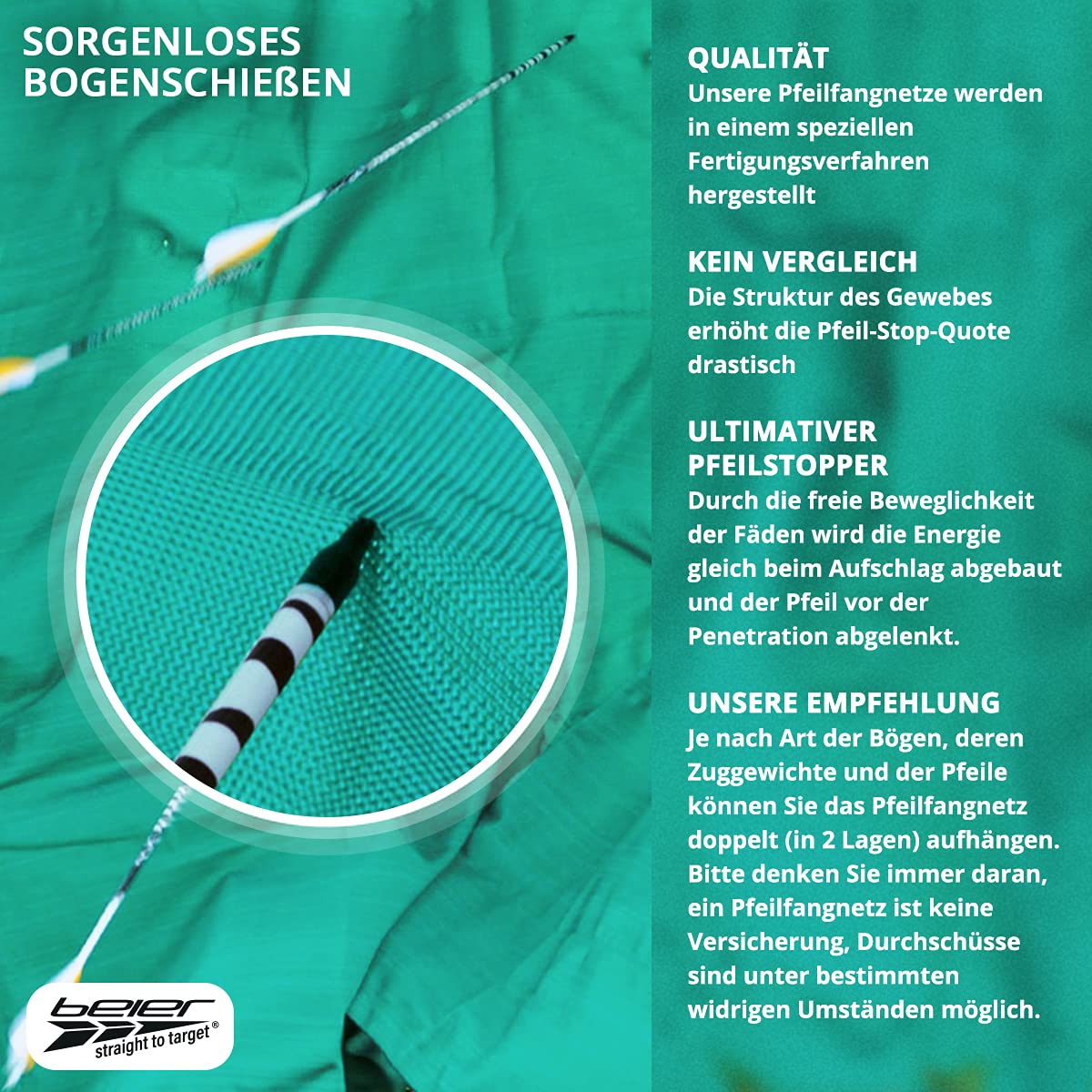 Pfeilfangnetz Set extra stark I grün 3m hoch bis 12m breit I Armbrust & Bogenschießen Pfeilfang I Fangnetz inklusive Zubehör - fertig zur Montage I by Beier Germany