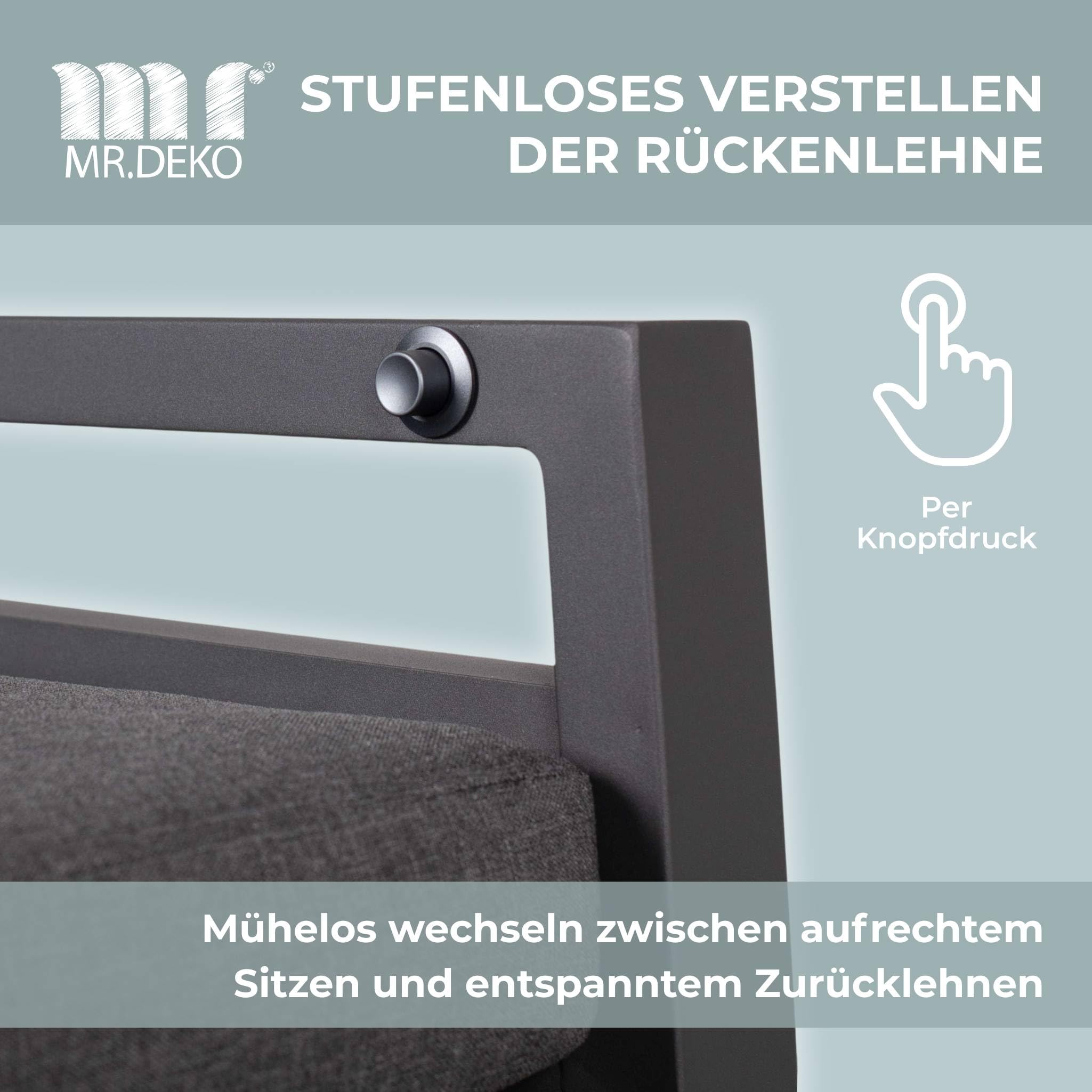 MR. DEKO Merida fotel relaksacyjny z aluminium/tekstylenem, w zestawie z poduszkami antracytowymi, rama aluminiowa i tekstylen w kolorze antracytowym | oparcie regulowane sprężyną gazową | idealny do