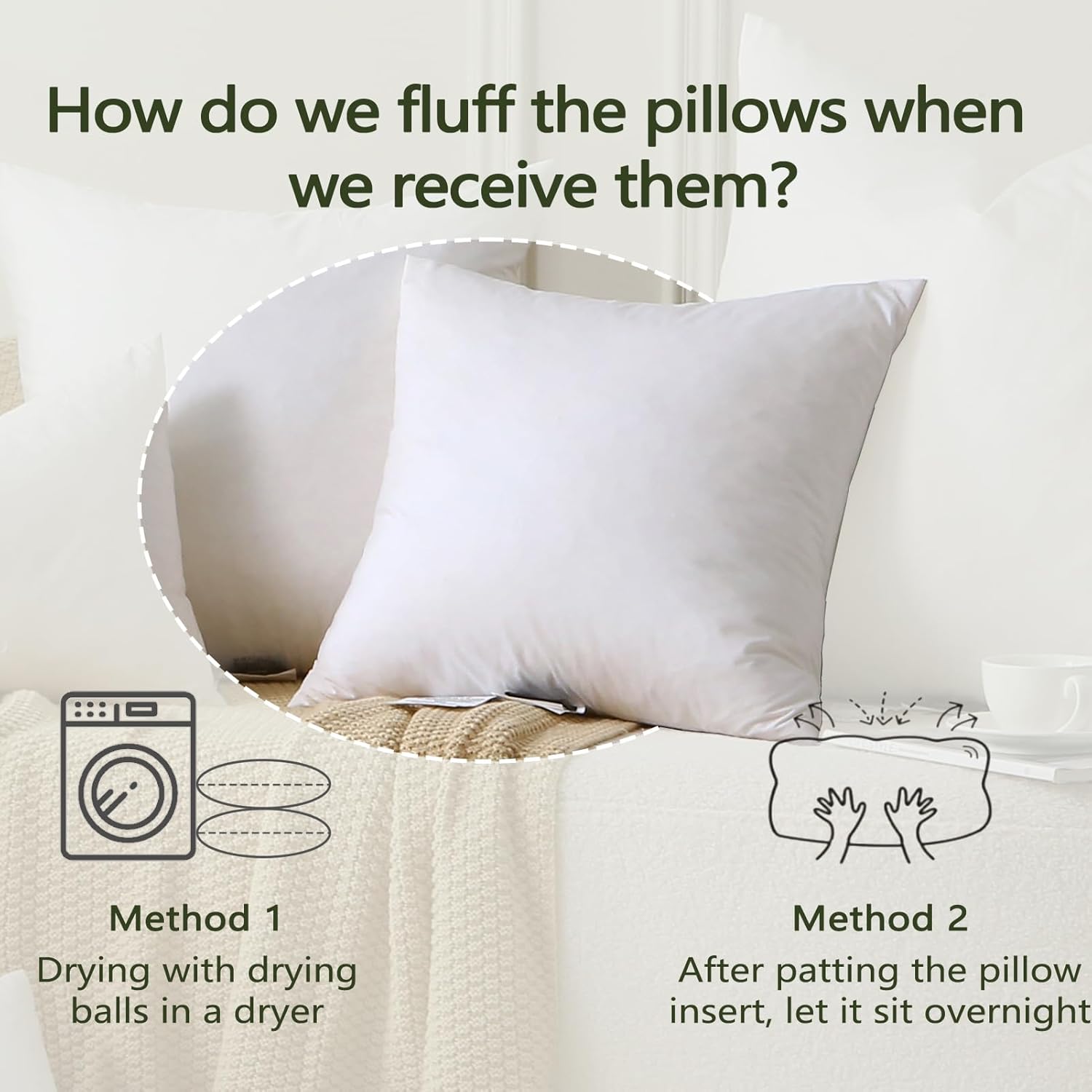 DWR Set of 2 Feather Down Throw Pillow Inserts 16x16 with Organic Cotton Cover, Feather Square White Decorative Pillow Inserts for Bed, Sofa, and Couch - Image 6