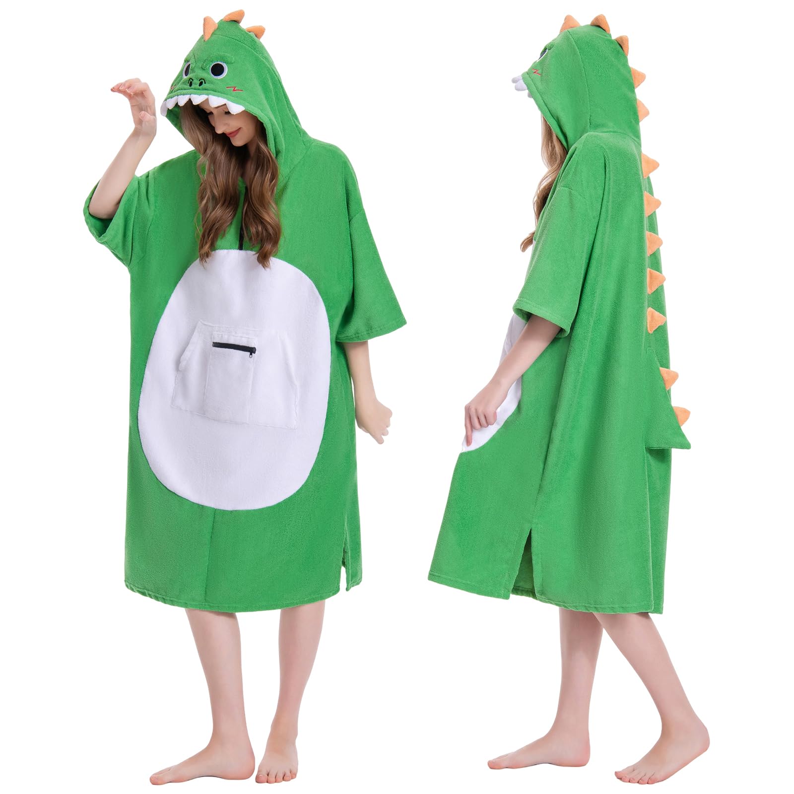OLAOLA Changing Robe Towel Poncho, Adult Surf Poncho Towel with Hood and Pocket, Oversized Soft Absorbent Quick Dry Swim Beach Towel for Women Men, Dinosaur