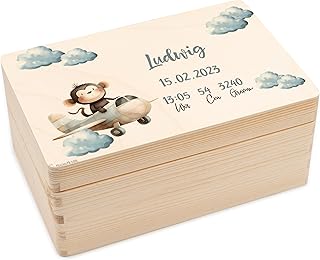 Geschenkfreude Erinnerungsbox Baby Personalisiert - 30x20x14cm - UV-Druck - Individuelle Baby Aufbewahrungsbox - individuelle Erinnerungskiste aus Holz - tolle Geschenke zur Geburt - Affe Flugzeug