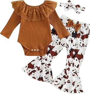 Kaipiclos Toddler Baby Girl Long Sleeve Ruffle Ribbed Romper Floral Print Flare Pants Bell Bottoms Outfit Fall Winter Clothes