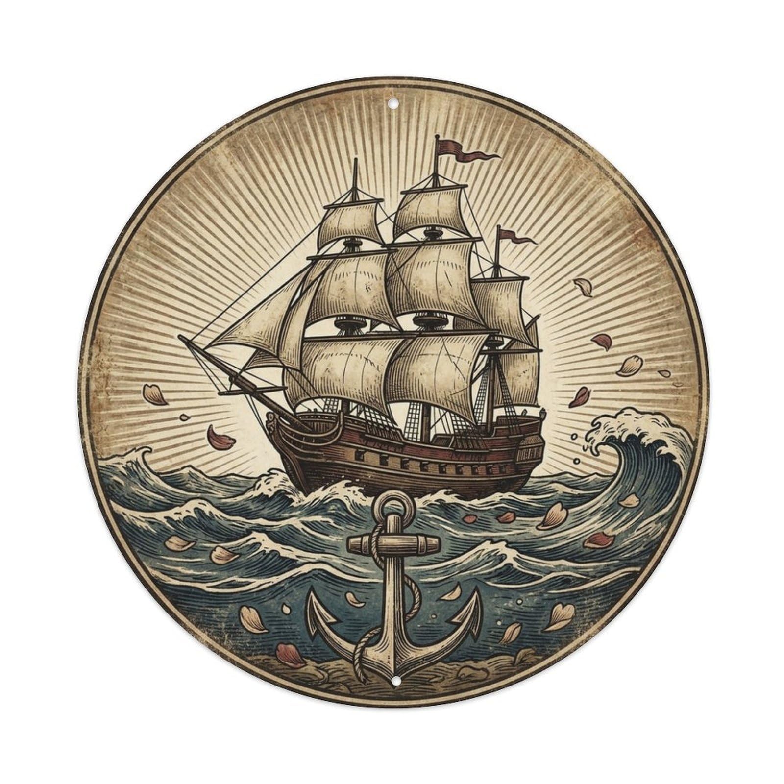 Pirate Ship Anchor Waves Maritime Label Emblem Metal Tin Sign