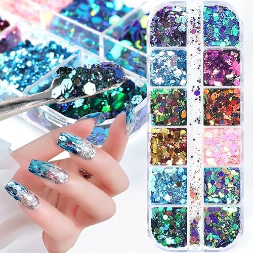 12 Colors Hexagon Chunky Nail Art Glitter 3D Holographic Gradient Mermaid Glitter Flakes Crafts Nail Stickers Shiny Charms Hexagon Nail Sequins For Women Girls Acrylic Diy Manicure Decoration #TOP4
