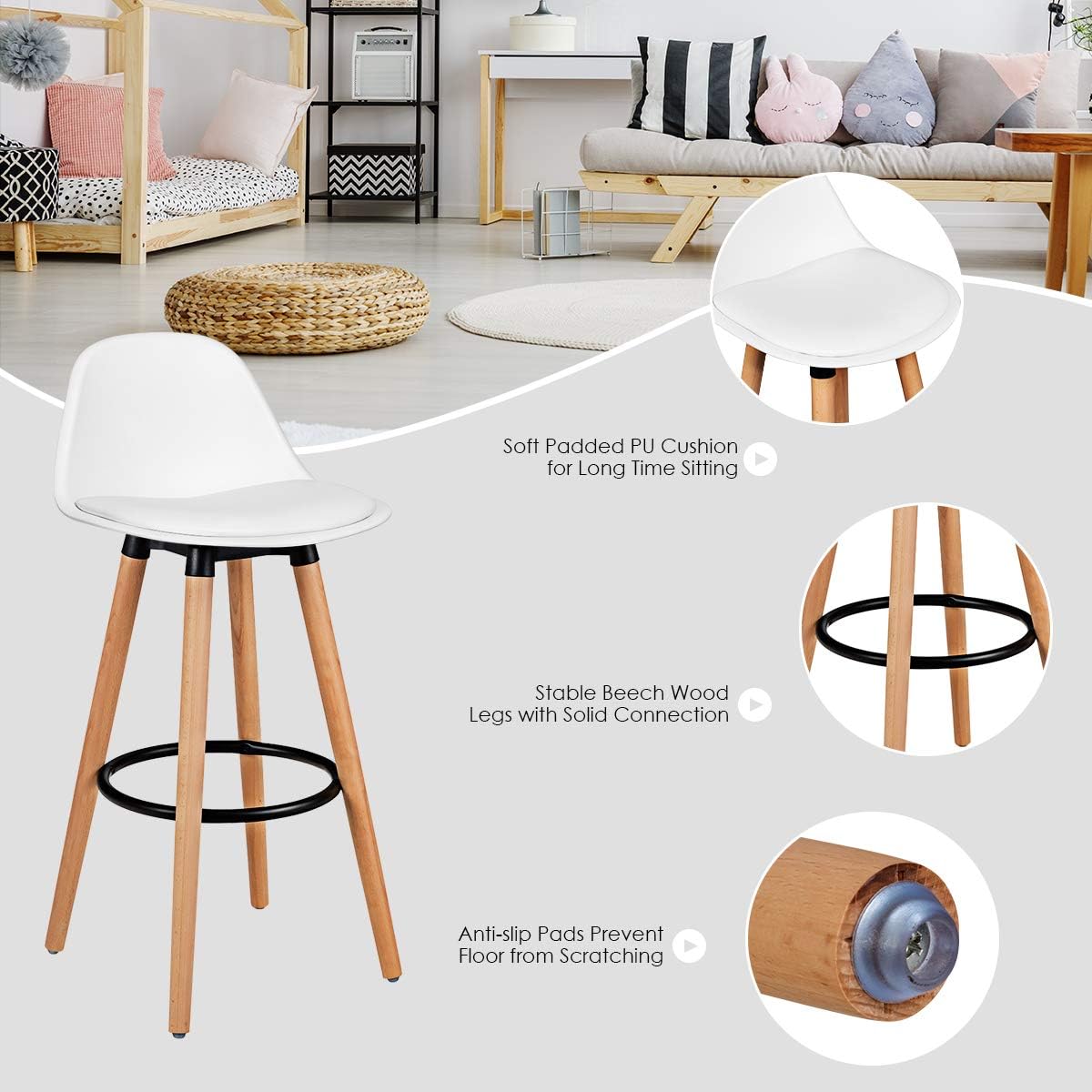 COSTWAY Bar Stools Set of 2, Modern Armless Kitchen Stool with Soft PU Leather Seat, Bar Height Stool with Round Metal Footrest & Comfortable Curved Backrest for Home, Dining Hall (White, 2)