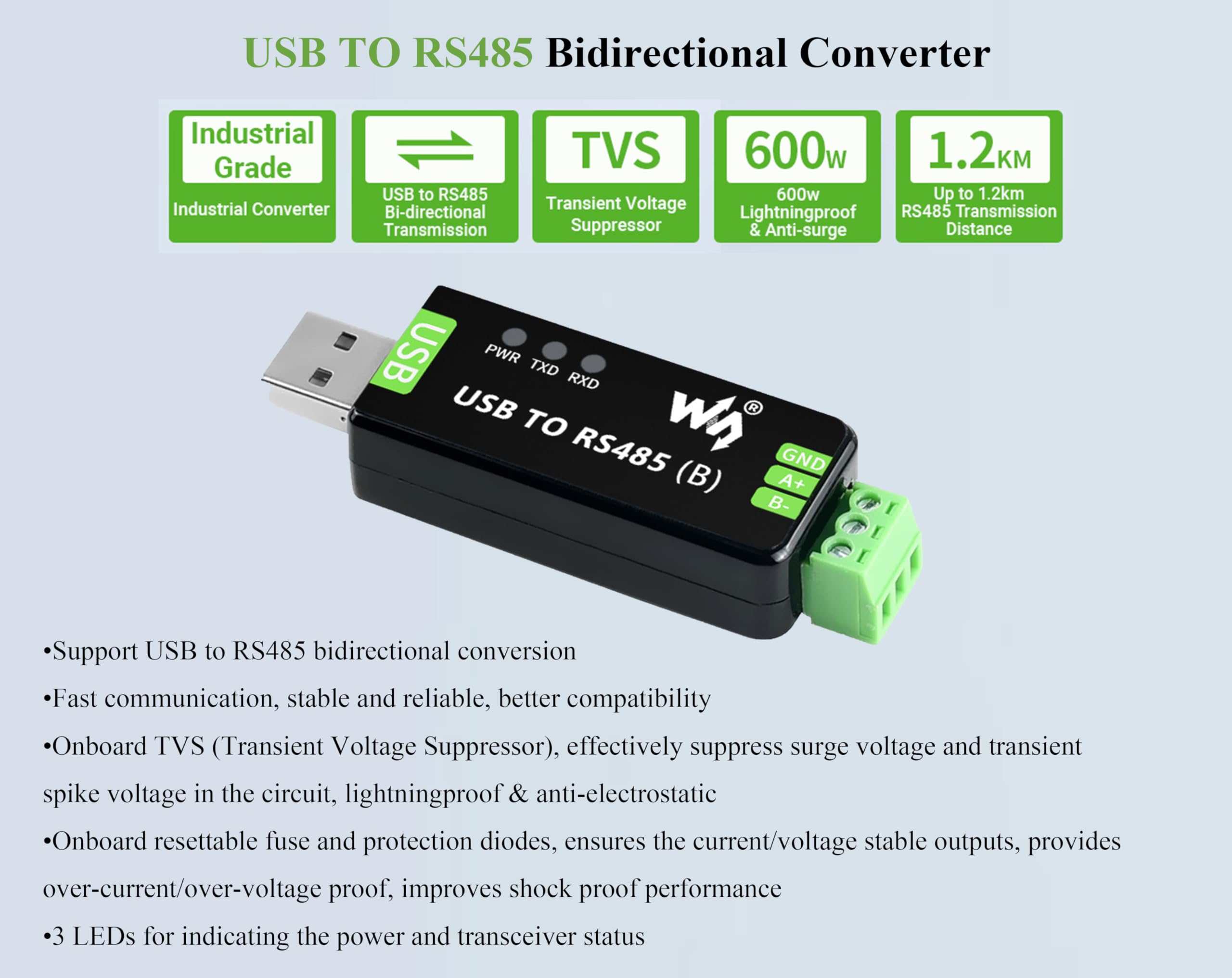 Industrial USB to RS485 Bidirectional Converter with Original CH343G, Multi-Protection Circuits, Supports Linux, Android, WinCE, Win11/10/8.1/8/7/XP, etc.