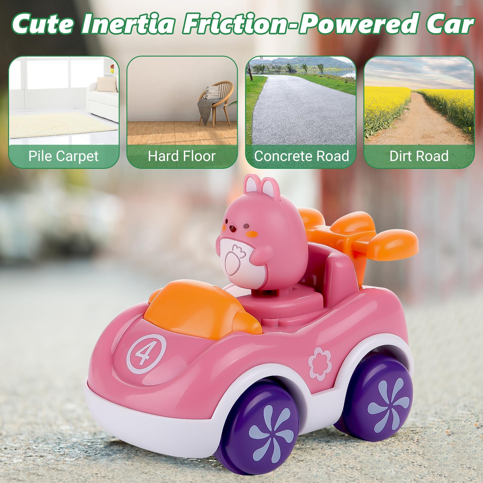 TUUYOOWK Toy Cars for Toddlers 1-3, 4 Pack Friction Power Kids Cars Toy, Animal Cartoon Pull Back Cars for 18+ Months Year Old Boy Girl's Birthday Gifts