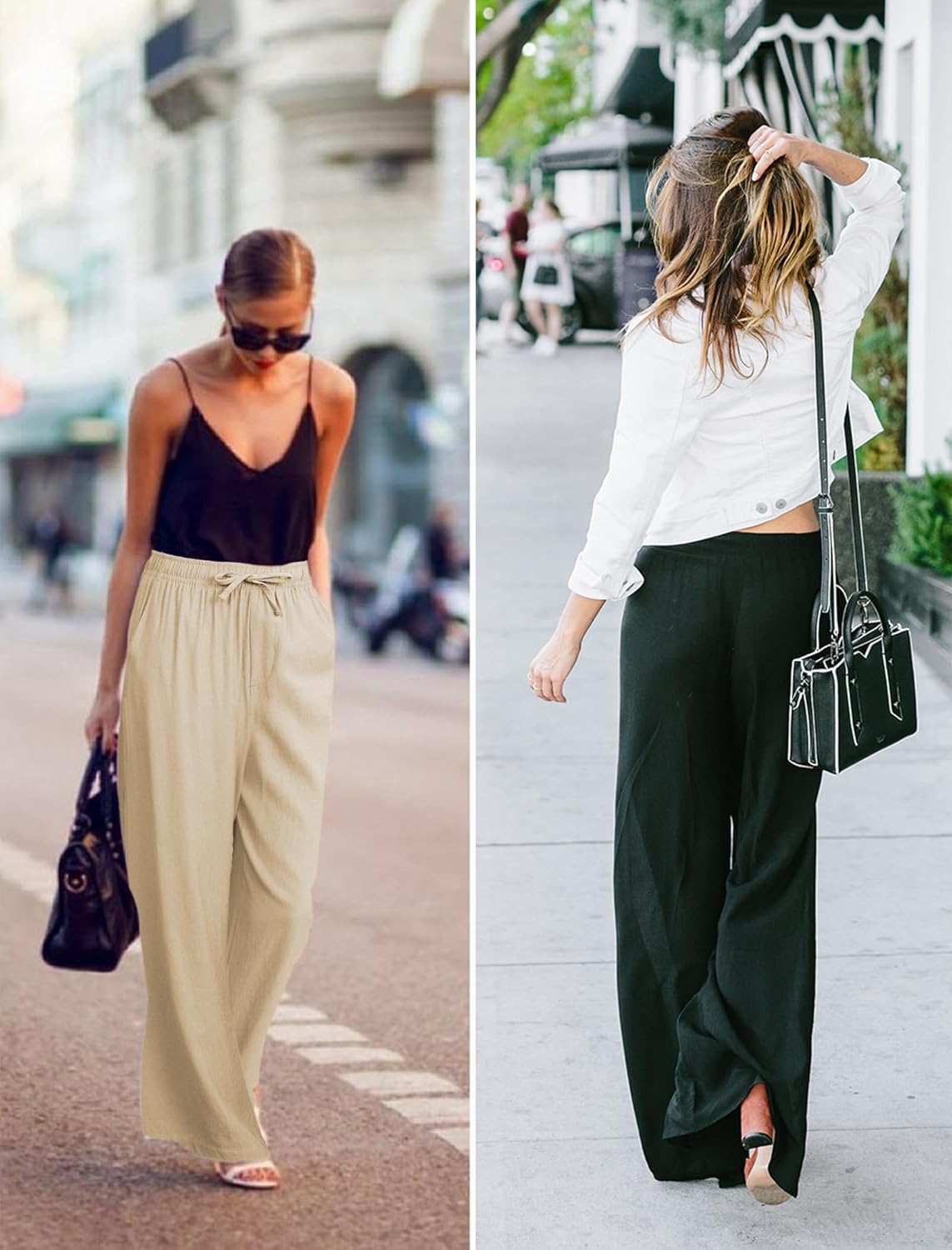 Women's Linen Fall Palazzo Pants Drawstring Elastic Waist Wide Leg Lightweight Beach Casual Trousers with Pockets - Image 2