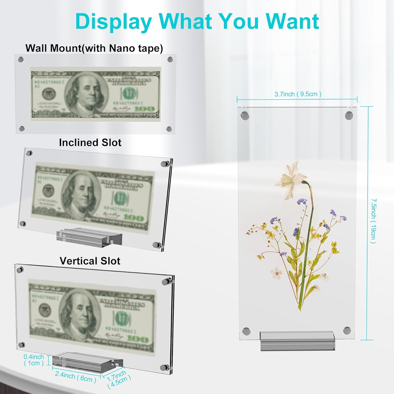 boloyo acrylic dollar bill display frame, 7.5 inch 2pc clear tabletop currency paper money display stand holder easel base protector for collectors clear 2pc