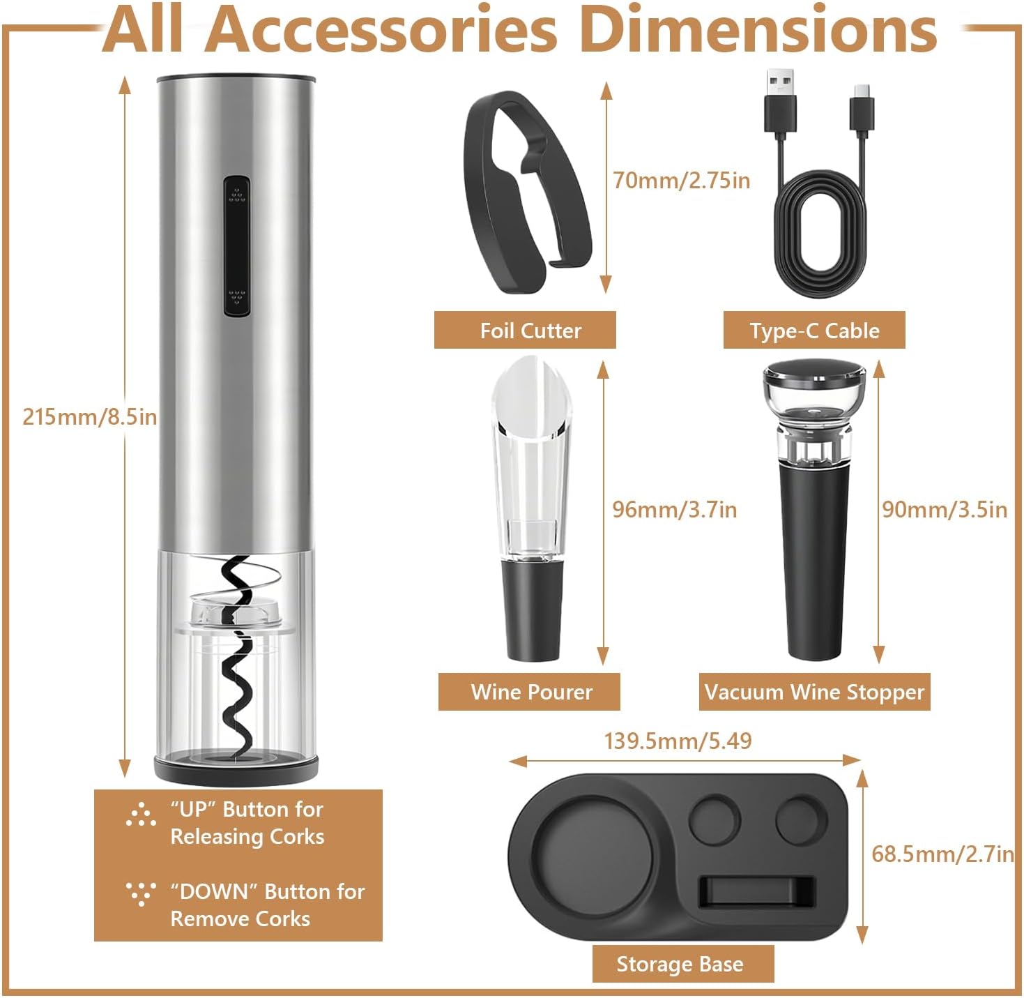 Electric Wine Opener - 5 Piece Set with Storage Base,Foil Cutter,Aerating Pourer & Vacuum Stoppers | USB-C Rechargeable | 40+ Opens Per Charge | Wine Opener Gift for Wine Lovers
