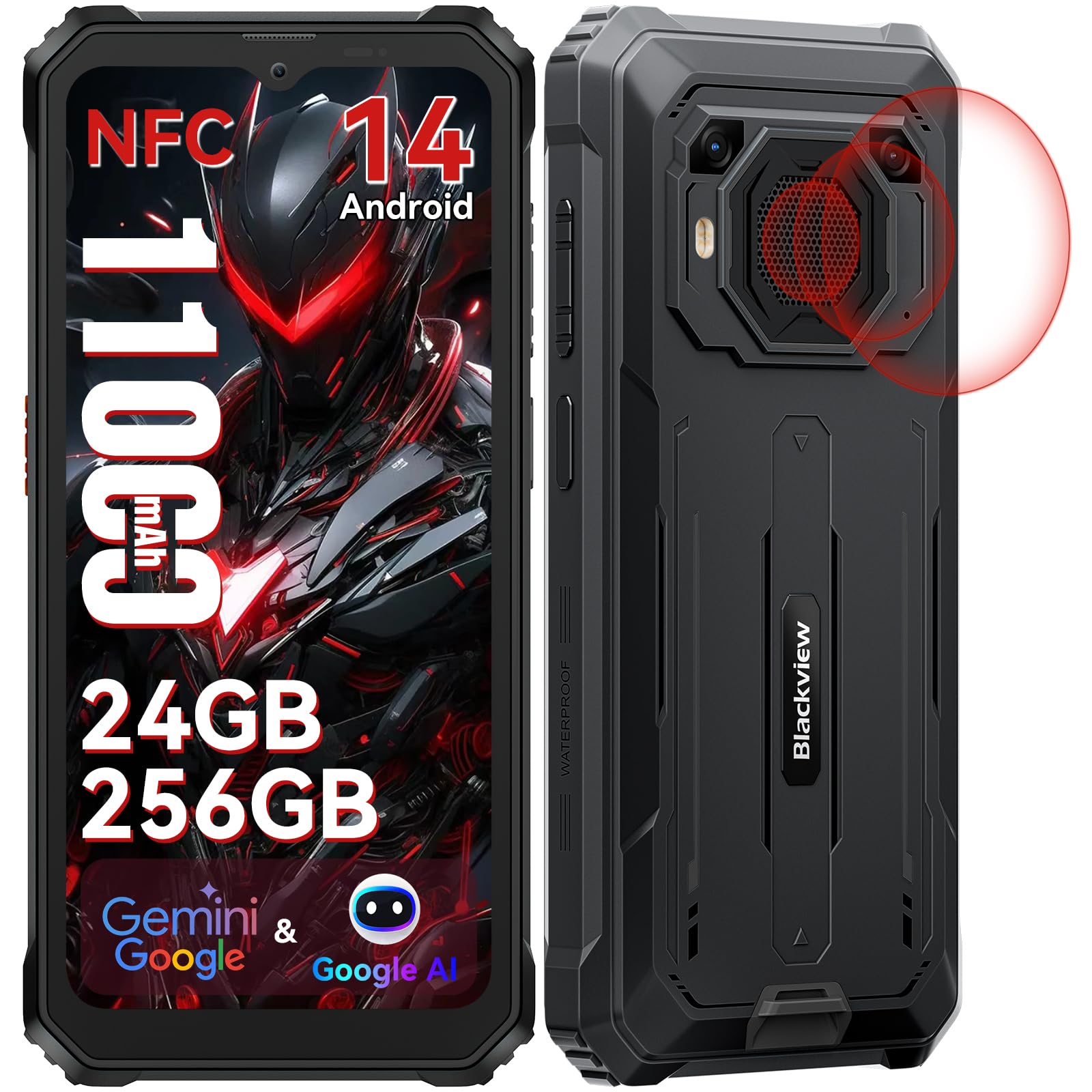 Blackview Android 14 Rugged Smartphone, 24(8+16) GB+256GB/2TB Telefono Indistruttibile, 11000mAh/18W, Album AI, Octa-core, 6.56"HD+ 90Hz, 98dB Altoparlante Stereo/Fingerprint/NFC/2 Anni Garanzia
