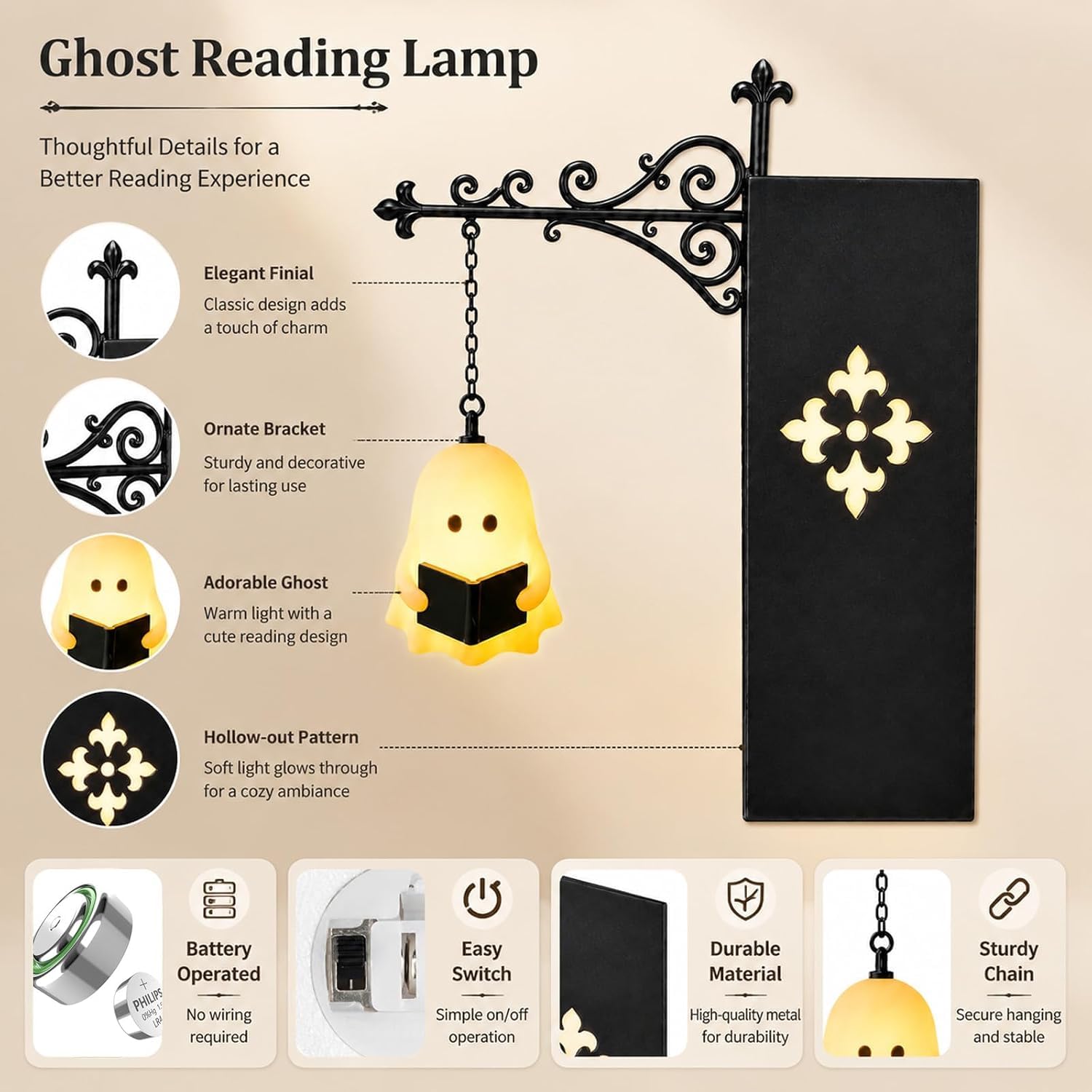 Vintage lampa LED Book Nook z podstawą podpórki na półki