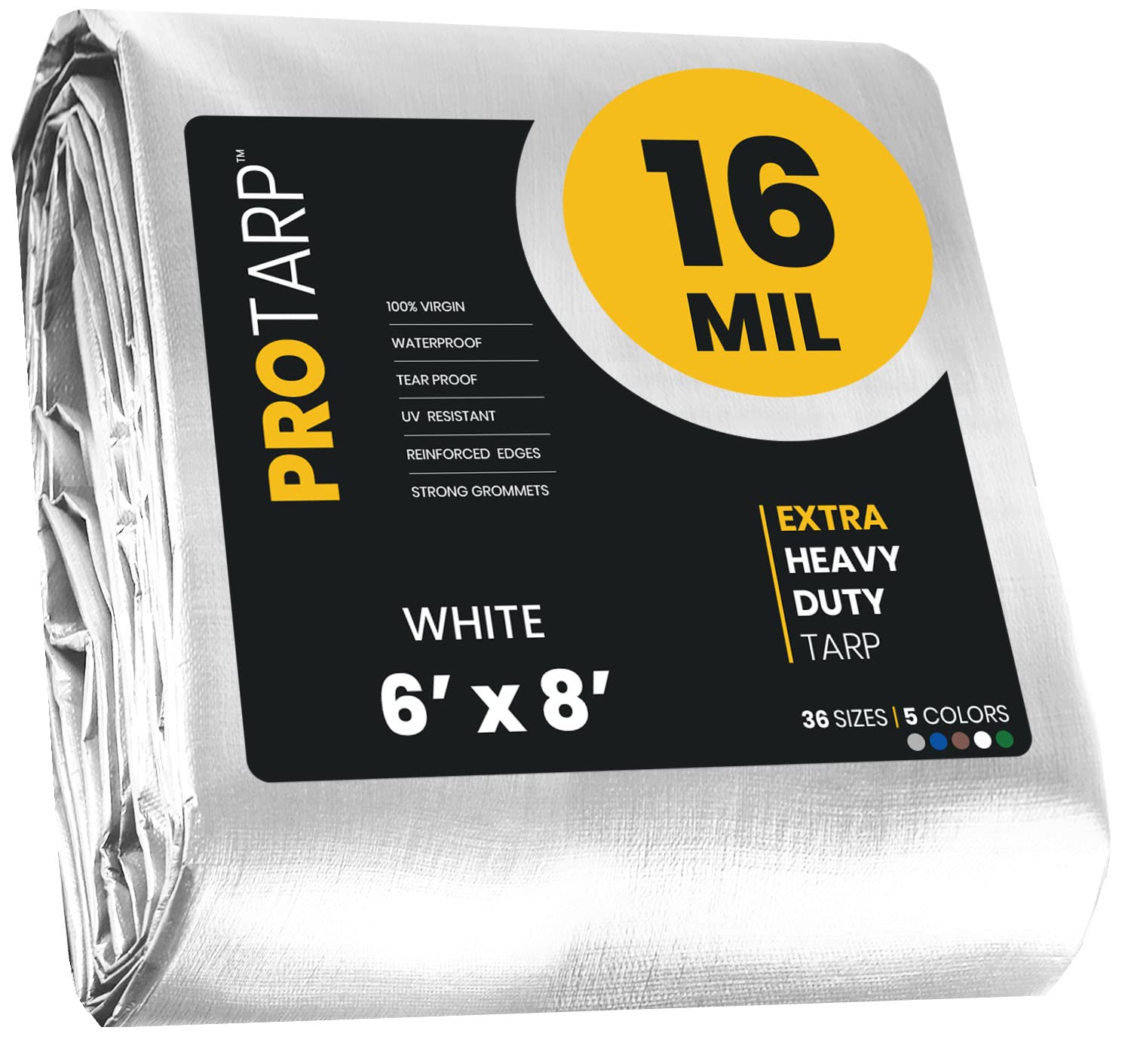 PROTARP Extra Heavy Duty 16 Mil Tarp Cover, Waterproof, UV Resistant, Rip and Tear Proof, Poly Tarpaulin with Reinforced Edges for Roof, Camping, Patio, Pool, Boat. (White 6′ X 8′)