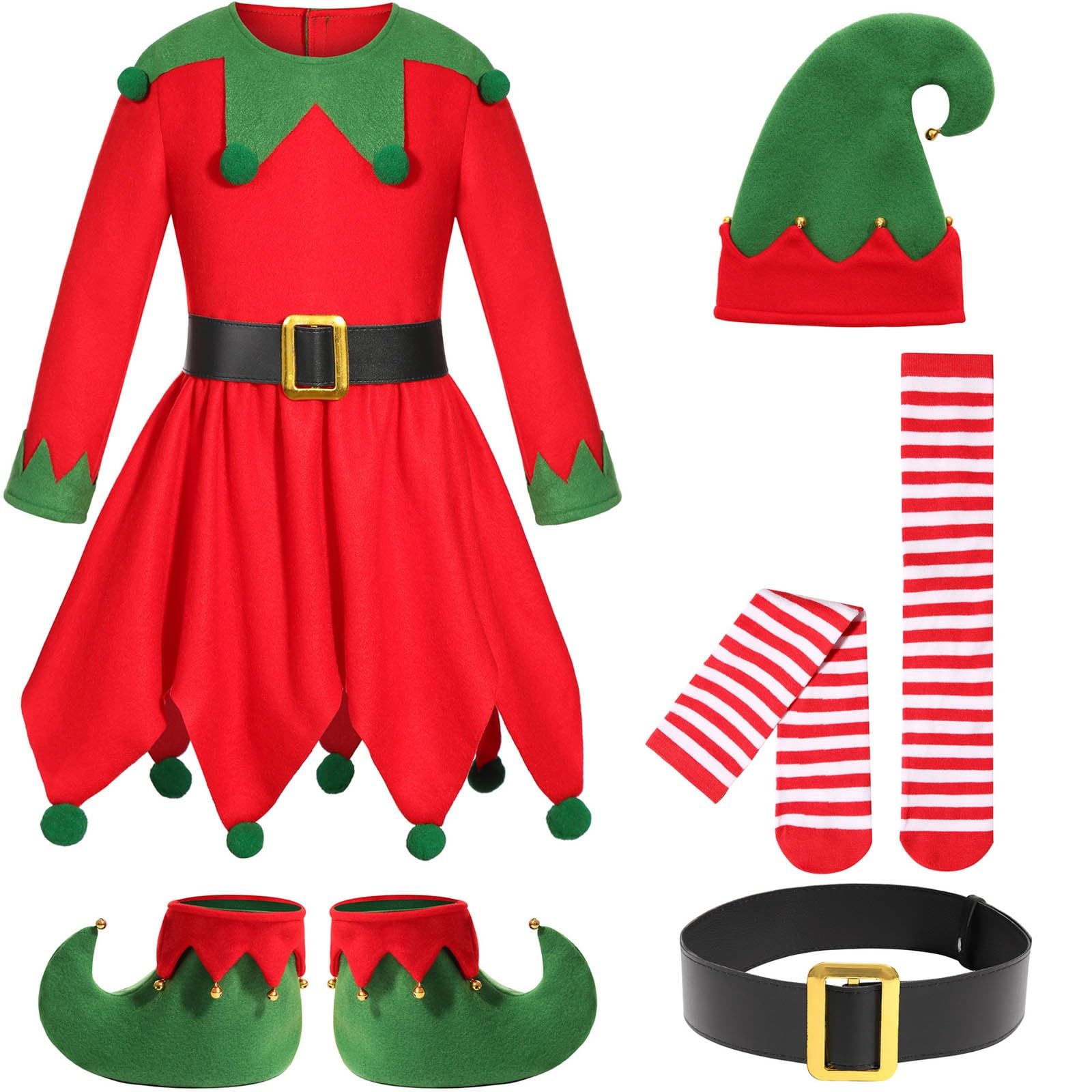 Générique Déguisement elfe de Noël pour fille, robe rouge à col vert et ceinture noire, costume de lutin festif pour spectacle de Noël et carnaval, tenue cosplay enfant pour fête costumée