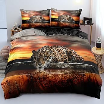 3D Bed Linen 135 x 200 cm Leopard Animal Motif Gold Orange Duvet Cover Set Soft Comfort Microfibre Bed Linen 2-Piece for Gifts Room Decoration with Zip and 80 x 80 cm Pillowcase