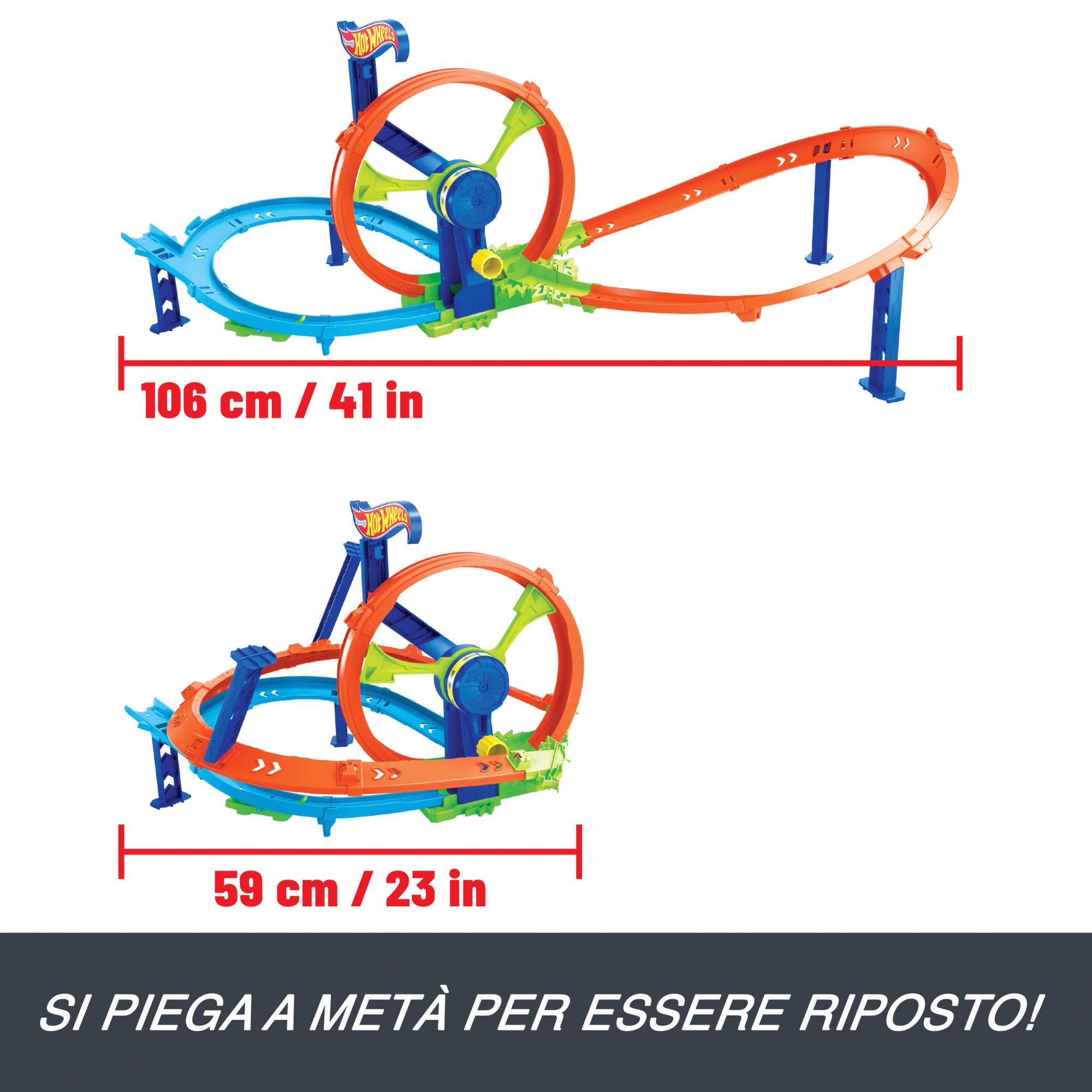 Hot Wheels - Pista Loop Rotante, playset con zona scontro su pista a forma di 8 e loop a propulsione, include una macchinina in scala 1:64, giocattolo per bambini, 3+ anni, JBX65