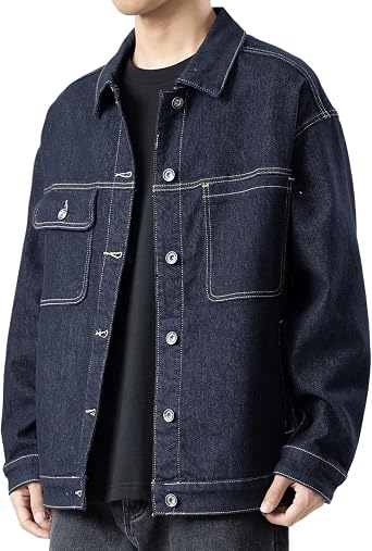 Mens Autumn Denim Jacket,Loose Fit Workwear Casual Coat,Fleece Lined Thickened Top