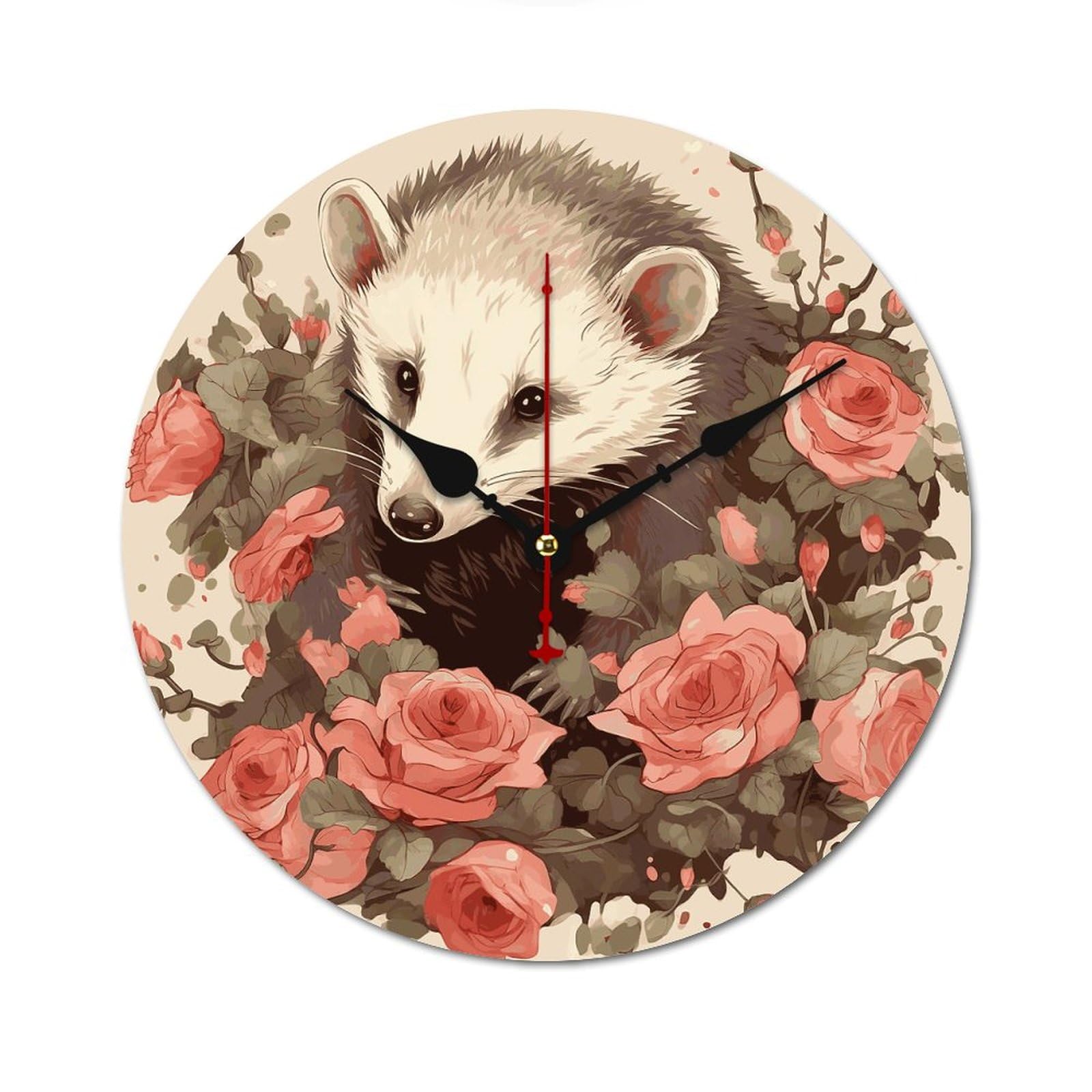Horloge murale sans tic-tac en bois opossum et roses ronde pour la chambre