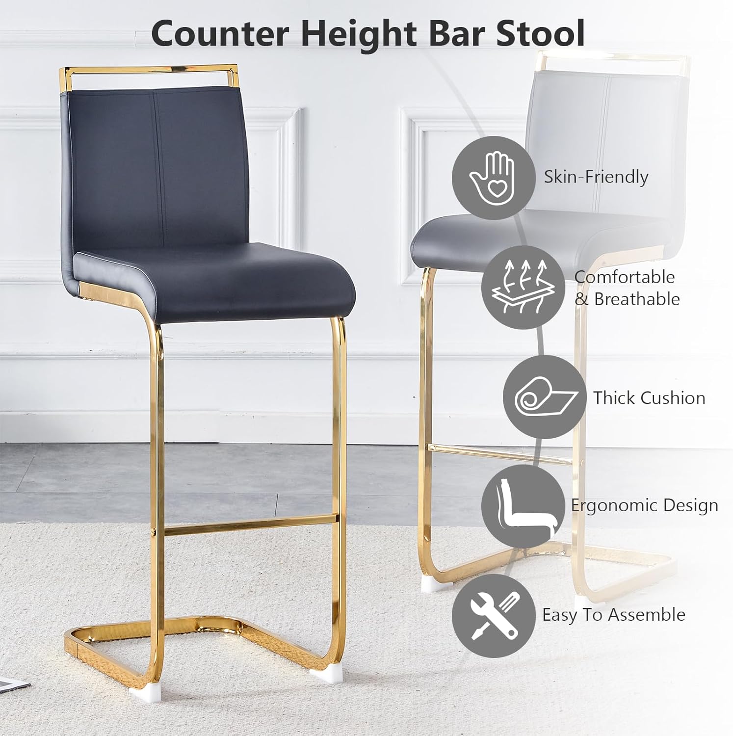 Counter Height Bar Stool Set of 2 PU Leather Bar Chair with Back Kitchen Island Stools with Silver Leg for Dining Room Living Room Pub Restaurant 30inch Black (Black+Gold Leg, Set of 2)
