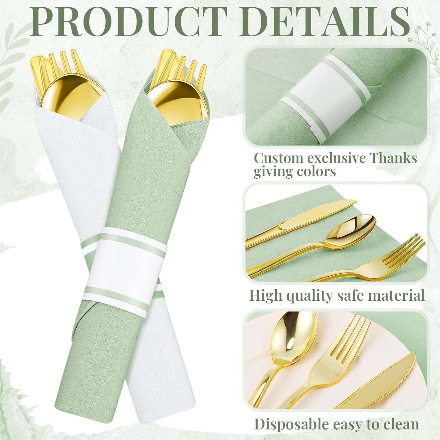 Lasnten 50 Pack Pre Rolled Gold Plastic Silverware Set Disposable Wrapped Plastic Cutlery Set Include Sage Green and White Napkins Knives Spoons and Forks for Wedding Birthday Party Supplies