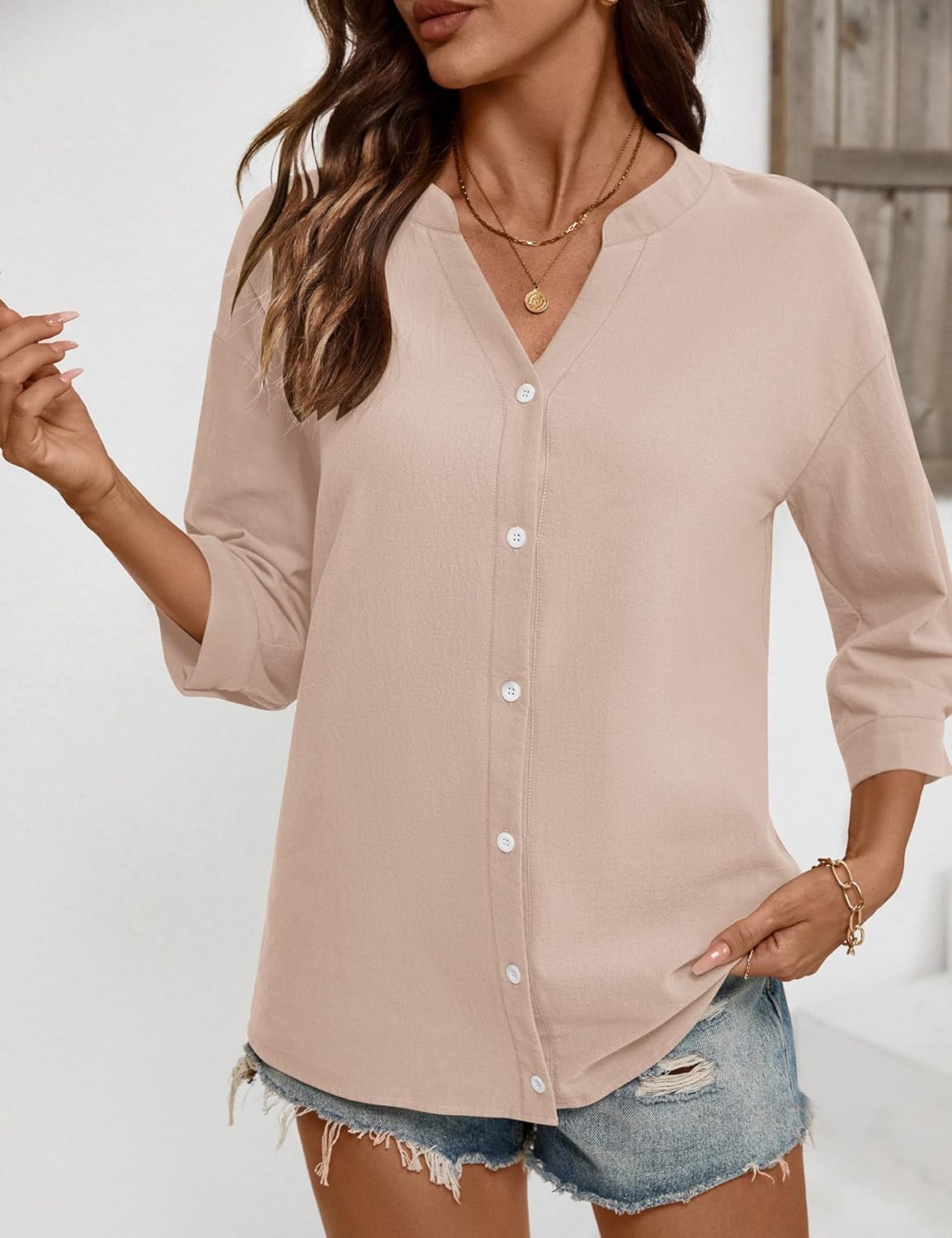 LOMON Womens 3/4 Sleeve Button Down Shirts Cotton Linen Roll Up Short Sleeve Tops V Neck Casual Loose Fit Blouses - Image 5
