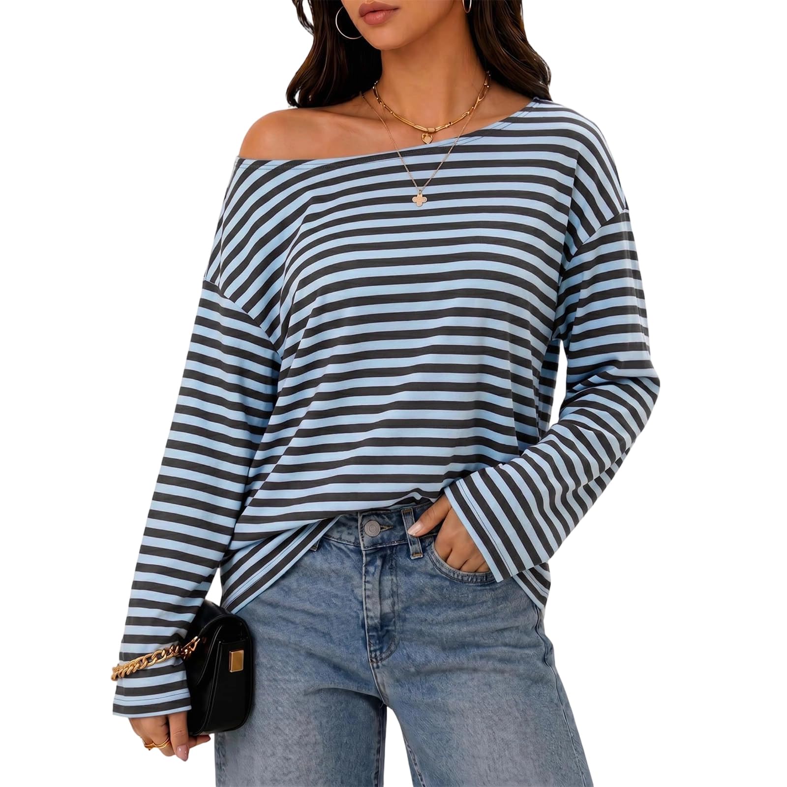 Blusa larga da donna a righe con spalle scoperte