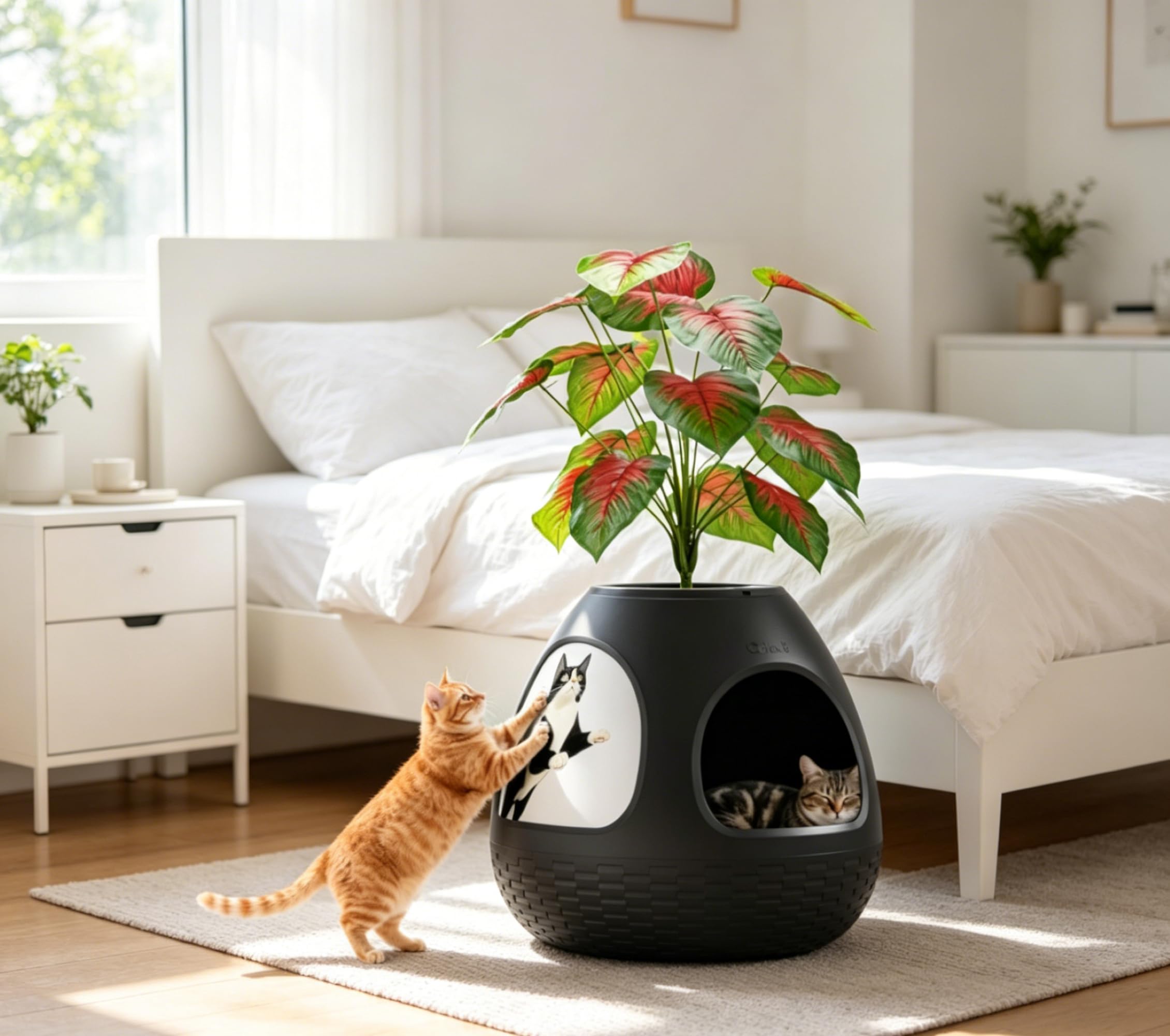 Photo 1 of Sandinrayli Kitty Cat Bed House Condo with Scratching Board: 4-in-1 Indoor Cat Furniture with Replaceable Heating Pad and Air Purifier, Black