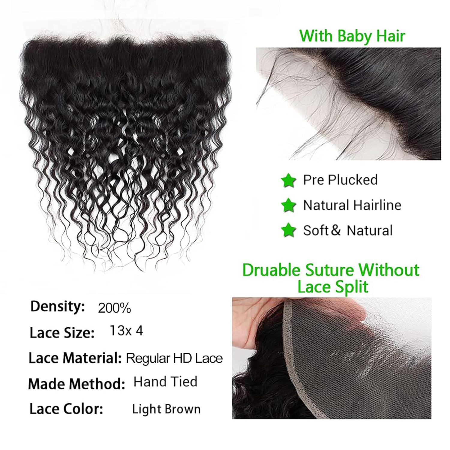 Kapelli Hair 13x4 Lace Frontal Closure Water Wave Regular HD Lace, 200% Density, 100% Brazilian Virgin Human Hair Ear to Ear HD Lace Frontal Pre Plucked with Baby Hair Natural Black Color 18 Inch