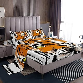 Feelyou Tiger Bedding Sheet Orange Tiger Pattern Bedding Set for Kids Boys Girls Teens Wild Animal Wildlife White Fur Theme Bed Sheets Breathable Bed Sheet Set Room Decor Bed Set Full Size