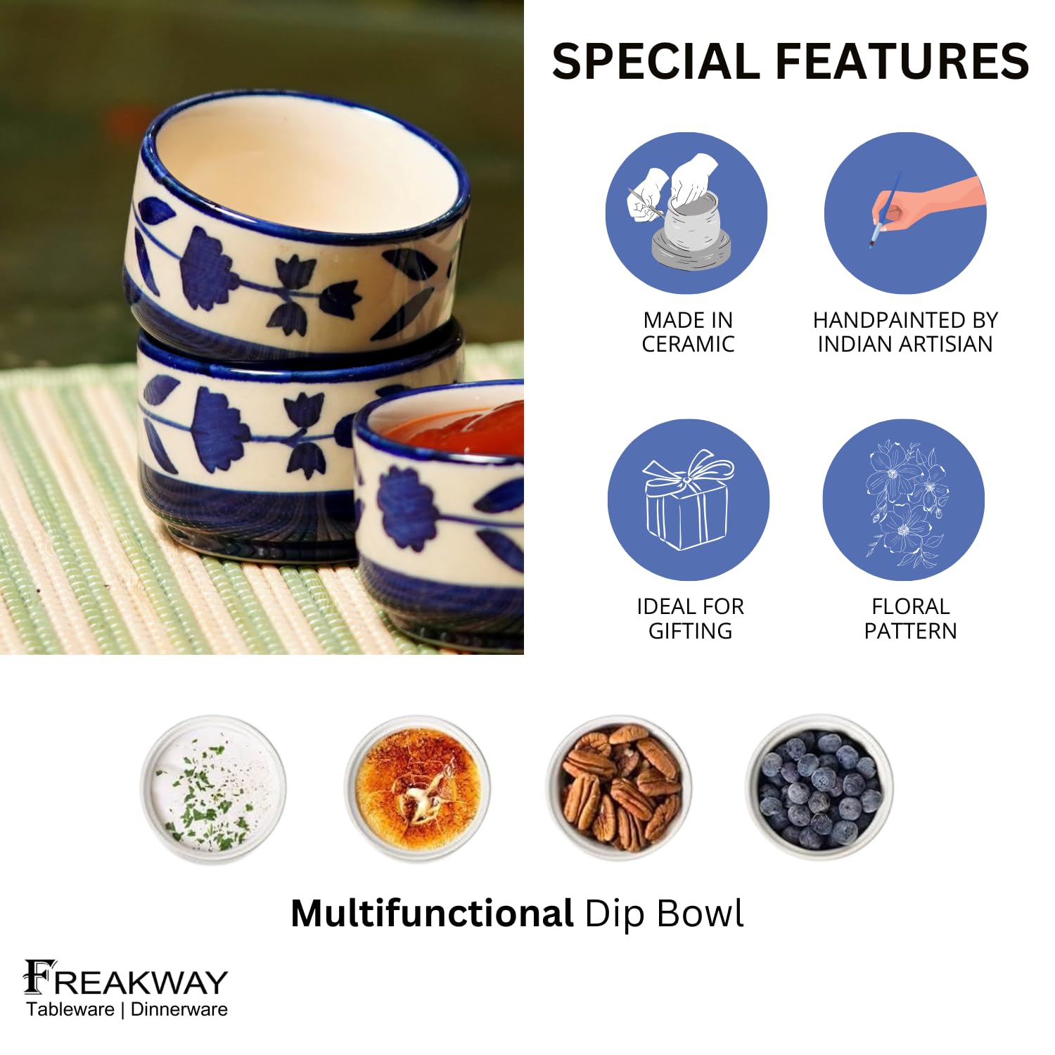 Freakway Hand Painted White Ceramic Dip Bowls | Bowls Set of 2, 40Ml | Bowl for Serving Chutney Bowl/Pickle Bowl/Small (Floral BLU & WHT) 3