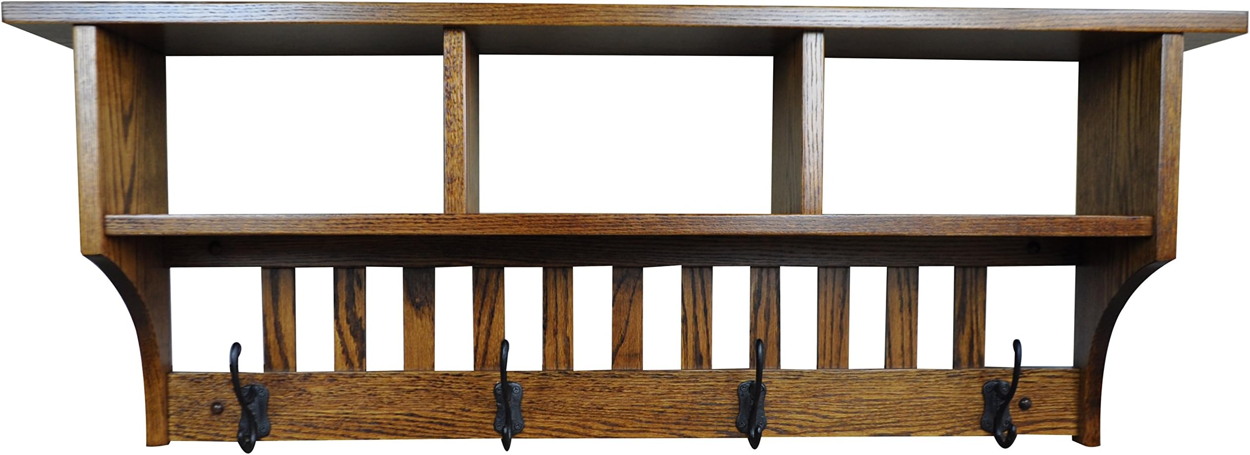 Wall Mounted Coat Rack with Cubbies – Mission Style Cubby Coat Hanger – Entryway Organizer with Hooks – Rustic Farmhouse Mounted Wall Shelf Rack (4 Hooks, Oak Wood, Michaels Stain)